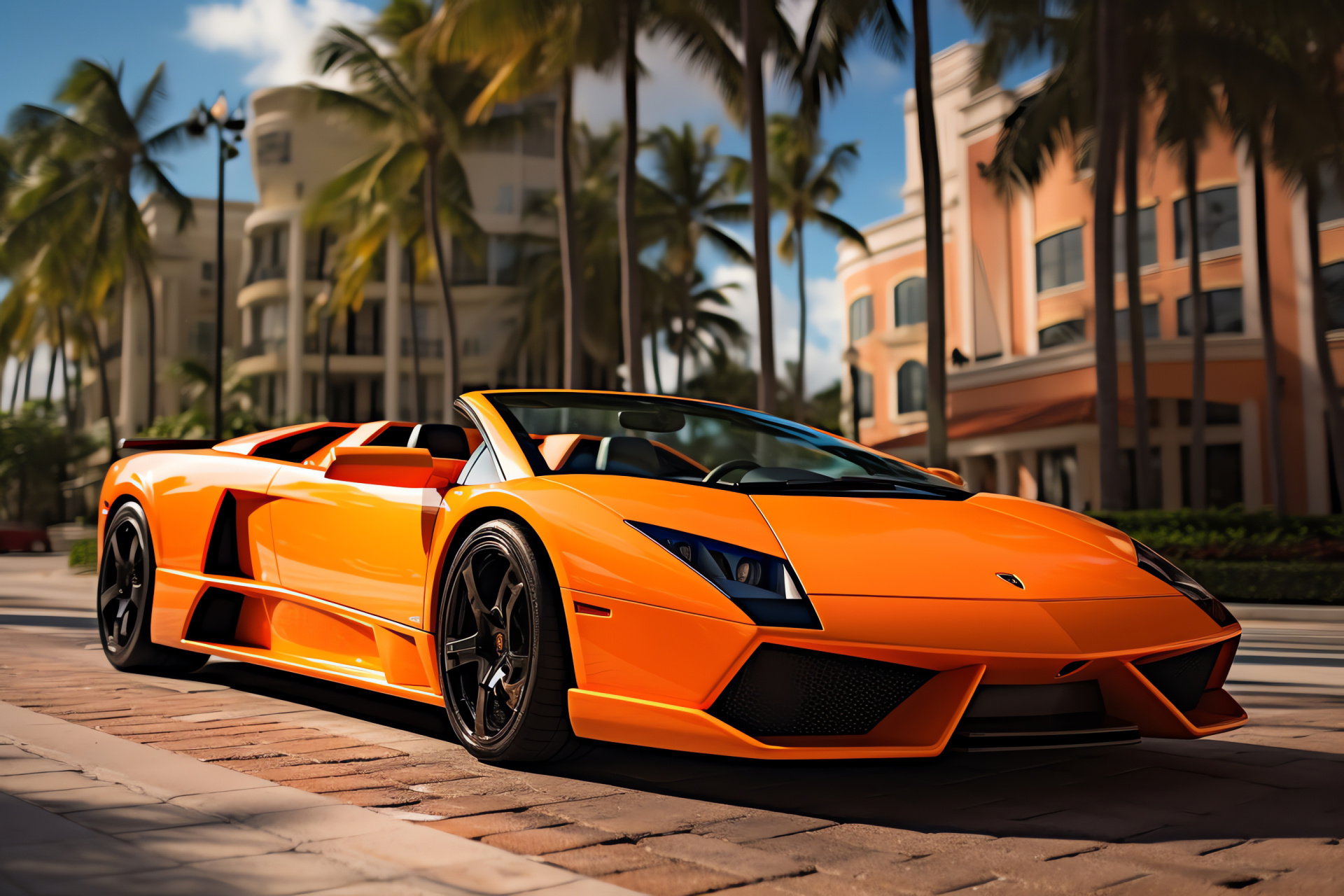 Orange Lamborghini Murcielago, Miami supercar scene, Sun-kissed convertible, Supercar with ocean backdrop, Elite open-air driving, HD Desktop Wallpaper