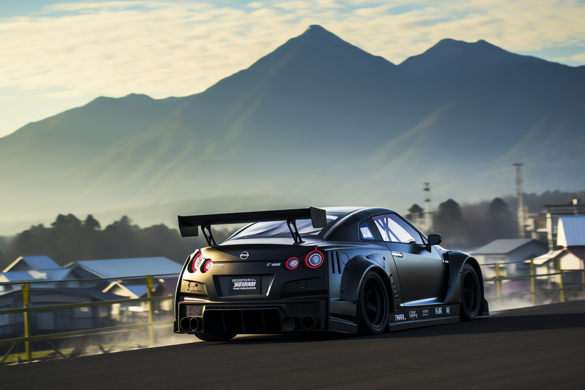 Nissan GTR Liberty Walk, Fuji Speedway race, Japanese landscape, performance trails, drifting action, HD Desktop Wallpaper