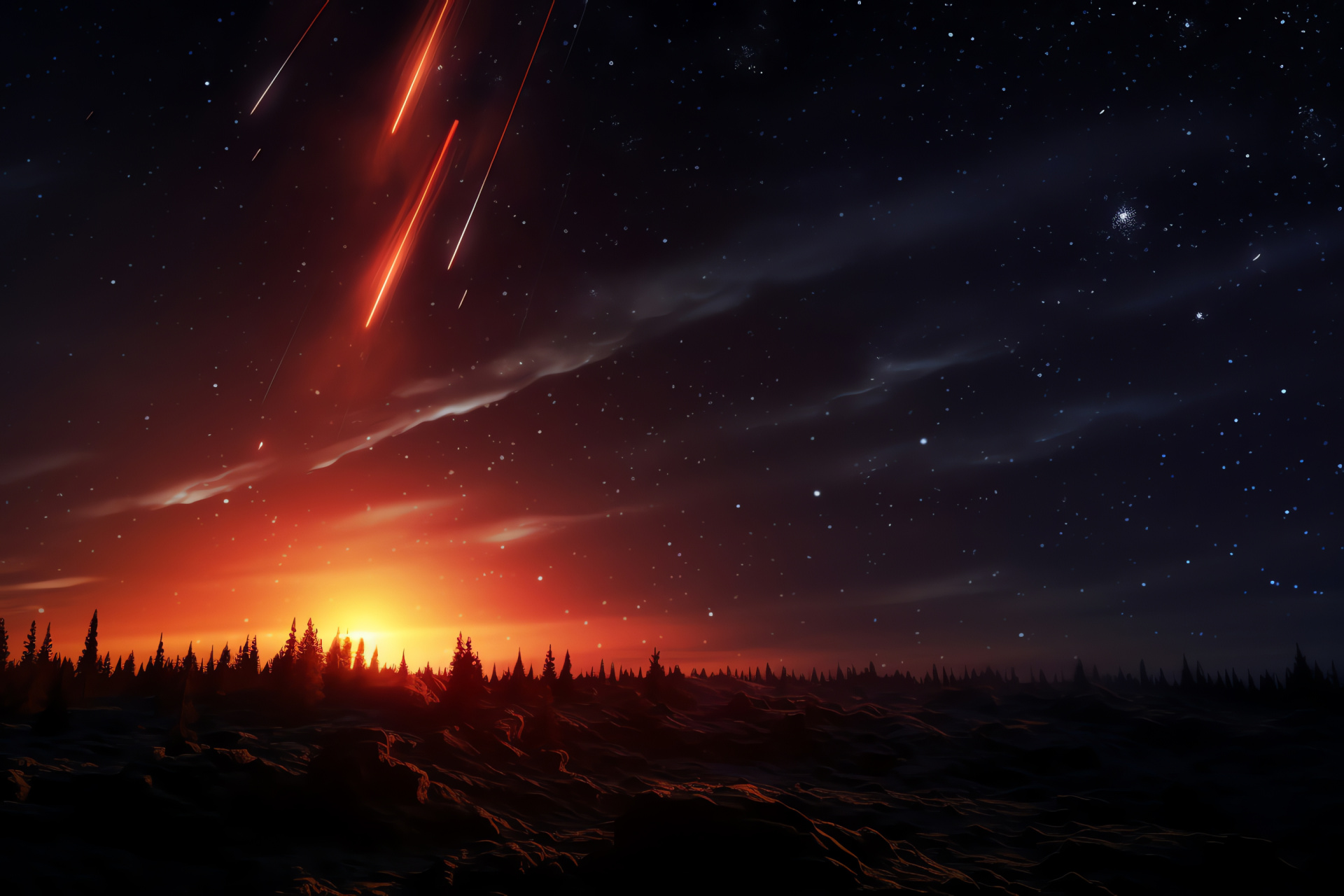 Meteor spectacle, Sky phenomenon, Halley's Comet debris, Nighttime display, Celestial sparks, HD Desktop Image