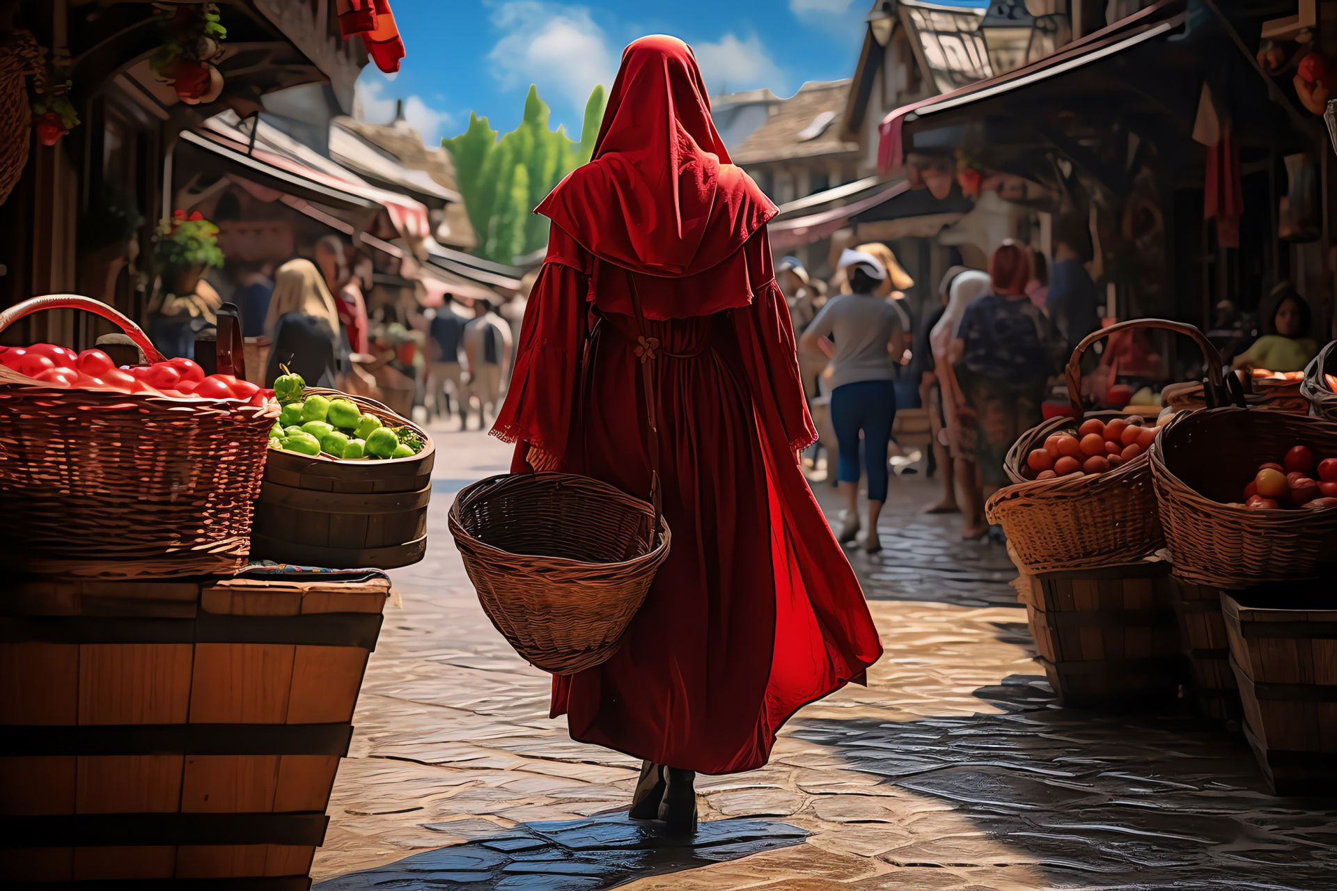 Red Riding Hood in village square, animated bustling crowd, marketplace full of life, assorted vibrant market stalls, HD Desktop Wallpaper