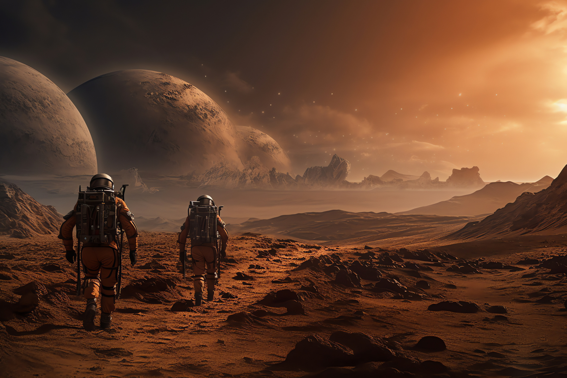 Planetary exploration, red planet Mars, space-walking astronauts, Martian surface, extraterrestrial terrain, HD Desktop Image