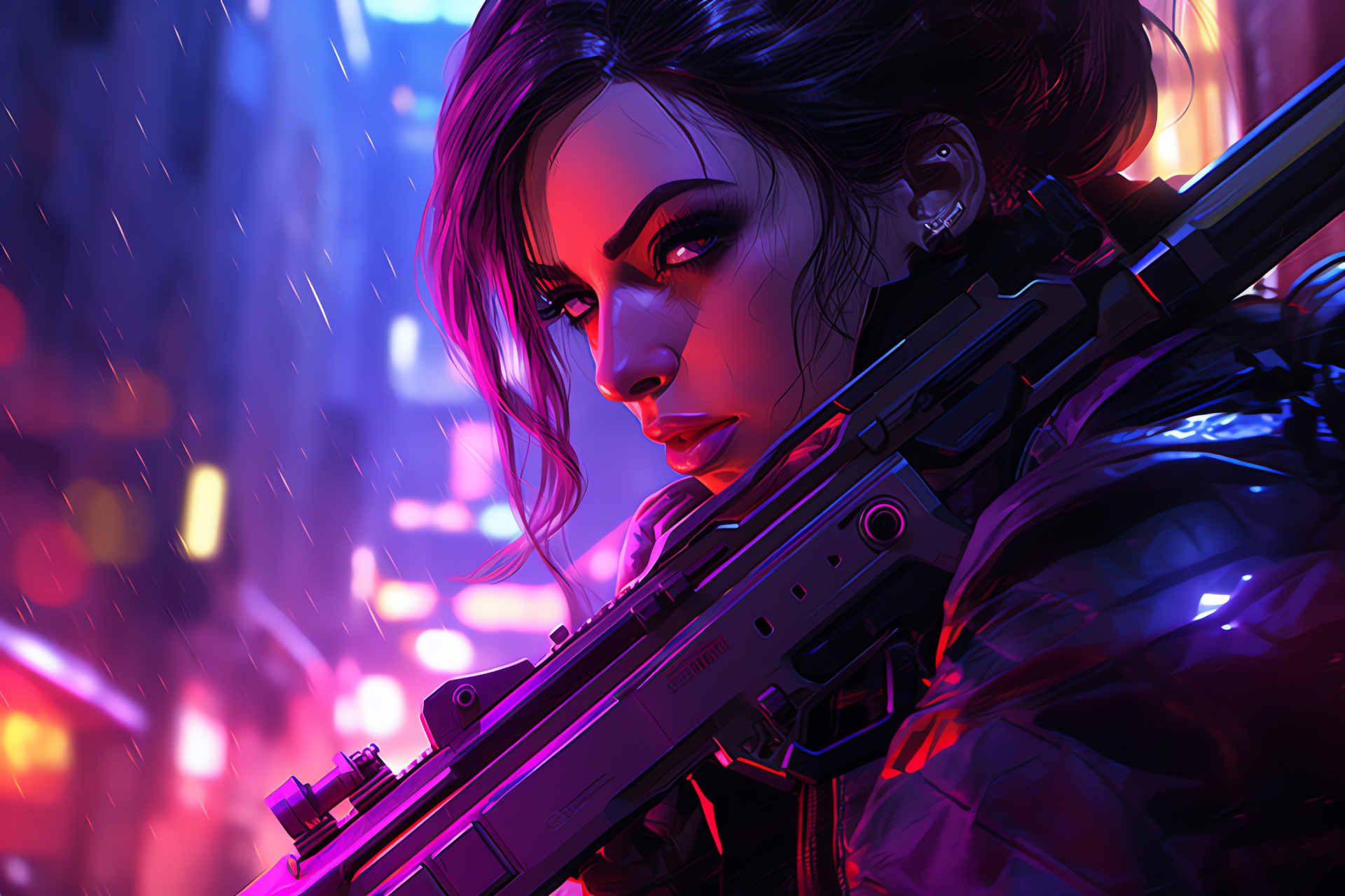 Overwatch Widowmaker, King's Row map, Cyberpunk aesthetic, Precision sniper, Illuminated signage, HD Desktop Wallpaper