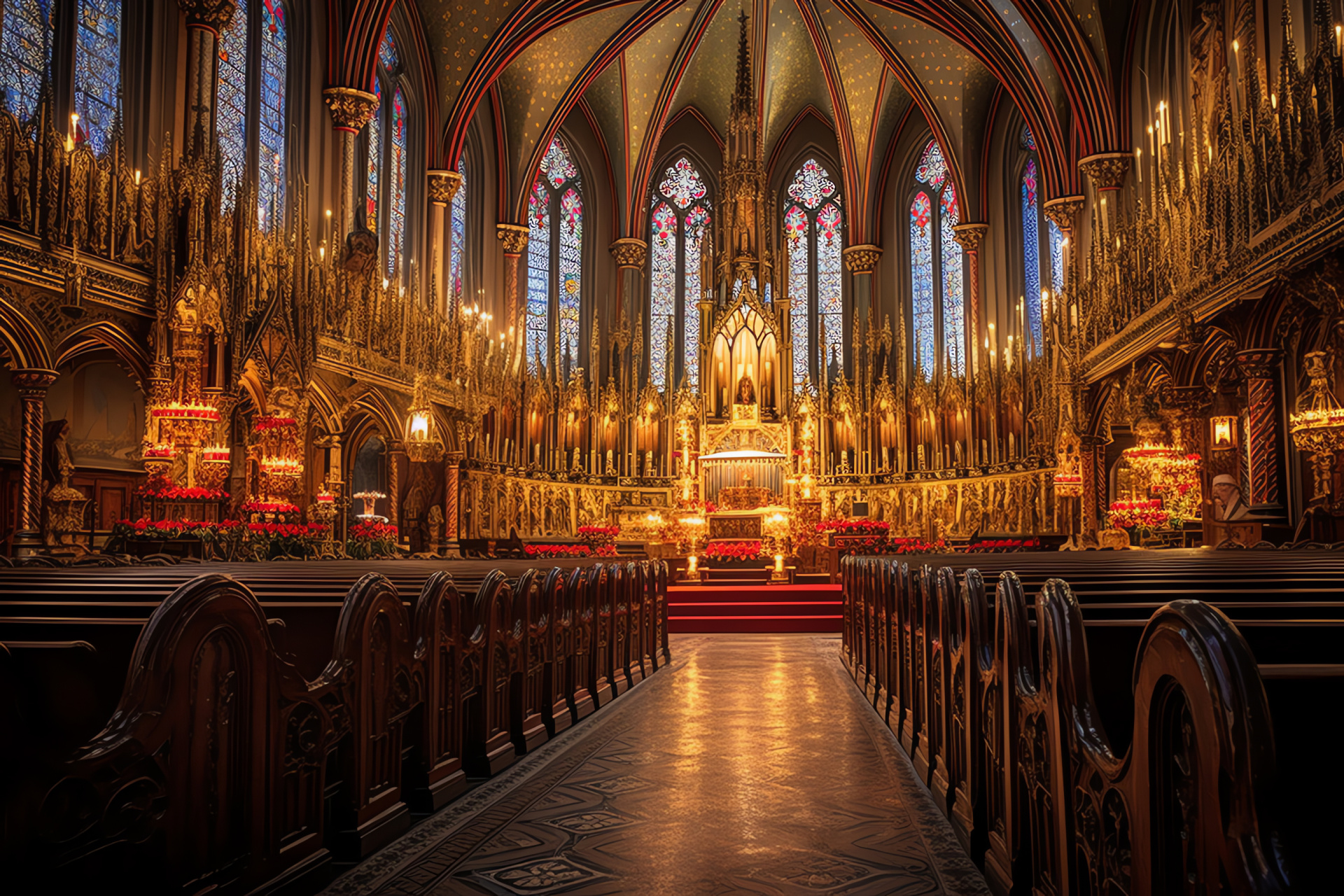 Yule observance, magnificent cathedral assembly, celebration of light, artisanal glass narratives, holiday piety, HD Desktop Wallpaper