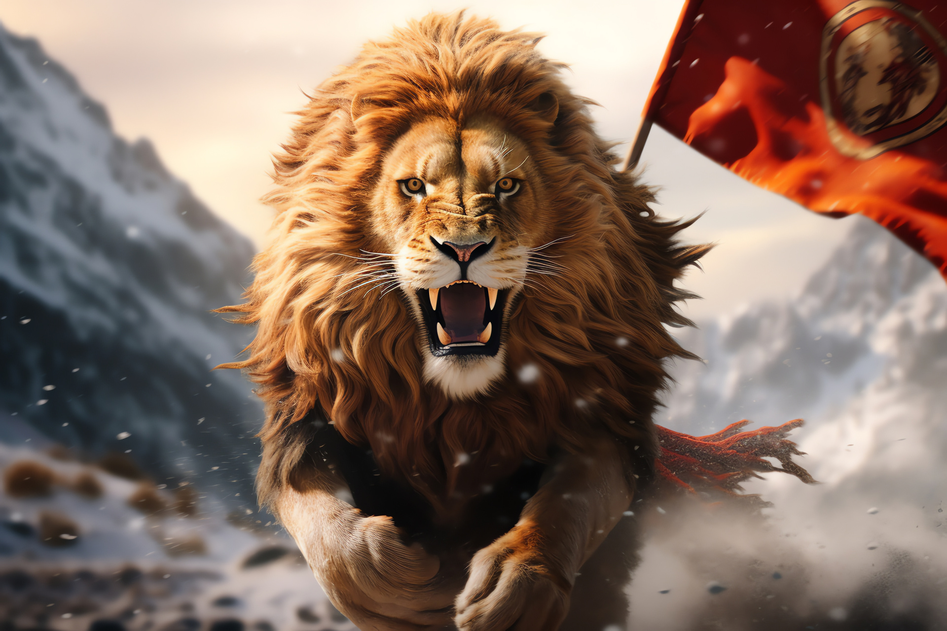 Valiant Aslan, Grand feline, Frosty battlefield, Epic fight sequence, High-stakes conflict, HD Desktop Image