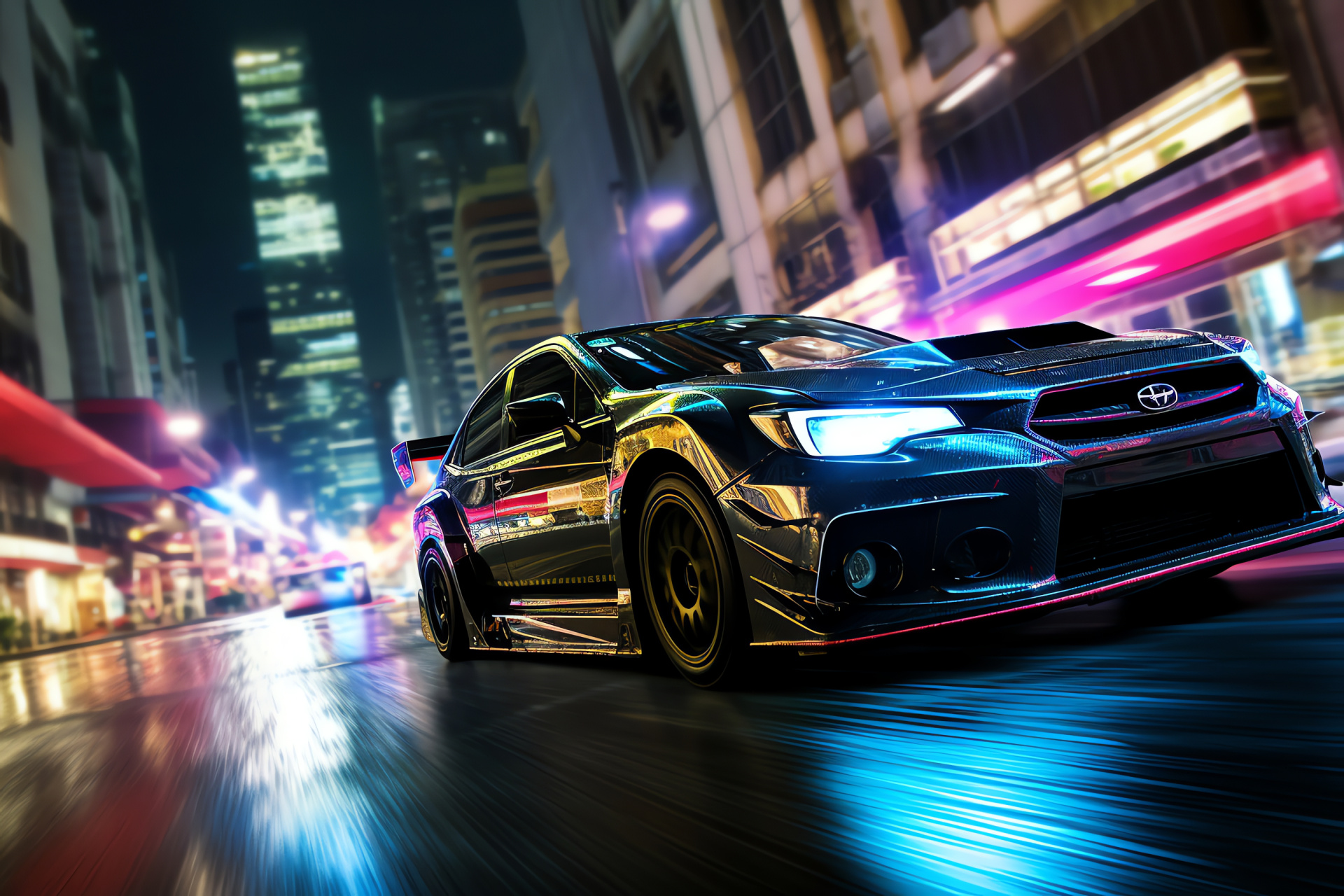 Subaru Impreza WRX model, Tokyo skyline, illuminated skyscrapers, turbo performance, metropolitan backdrop, HD Desktop Wallpaper