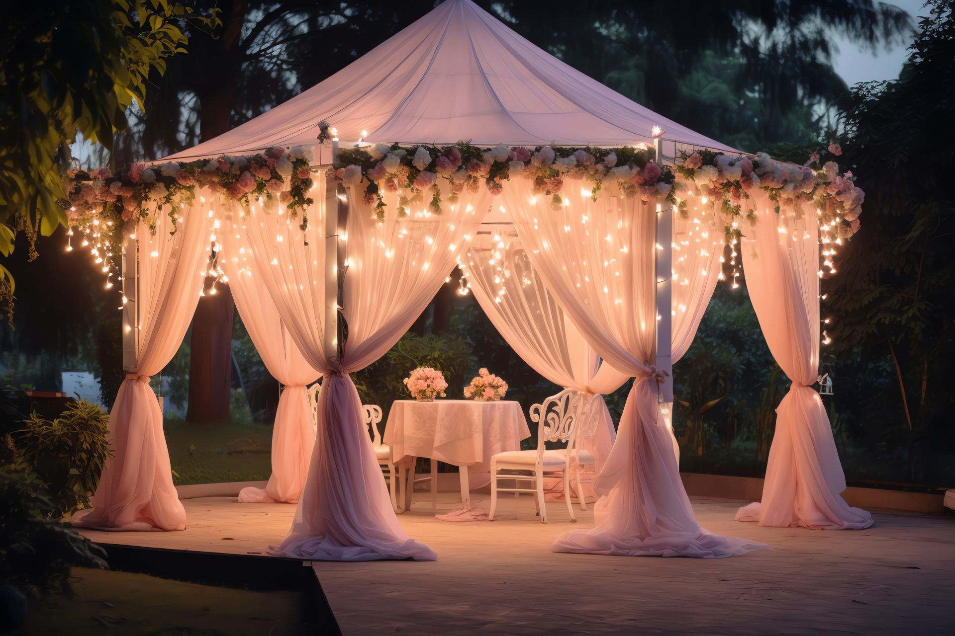 Garden anniversary venue, Gazebo with draping, Illuminated fairy scene, Fragrant blossoms, Romantic celebration, HD Desktop Image