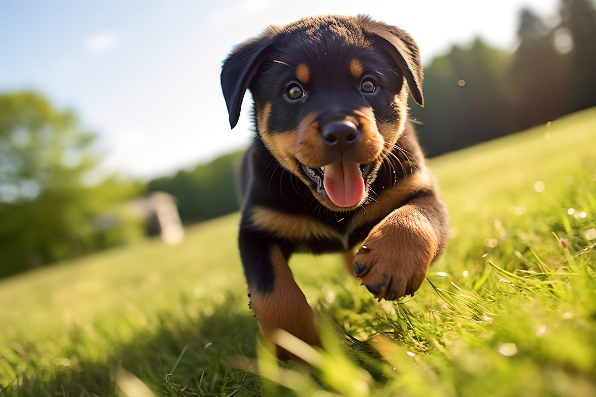 Rottweiler puppy, Canine play, Youthful energy, Puppy fur, Pastoral scene, HD Desktop Image