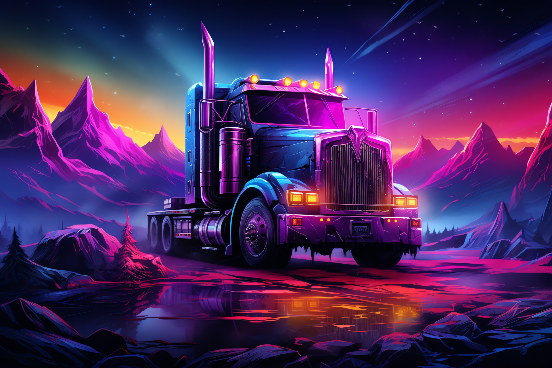 Peterbilt emblem, Complete frontal shot, Extraterrestrial terrain, Future-inspired visuals, Technicolor scheme, HD Desktop Image