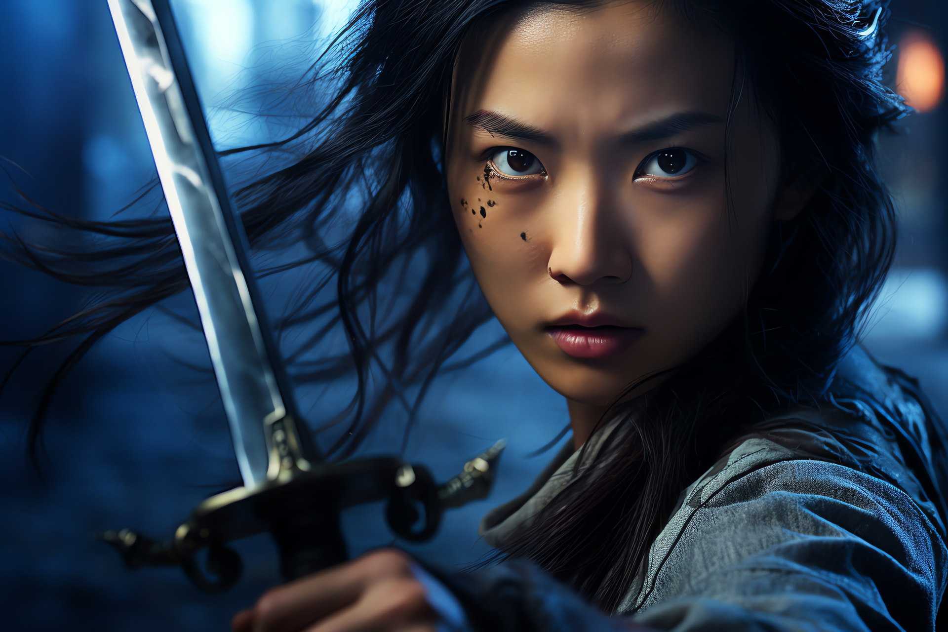 Disney heroine Mulan, Fearless look, Sharp blade, Armor in silver, Emblematic film attire, HD Desktop Image