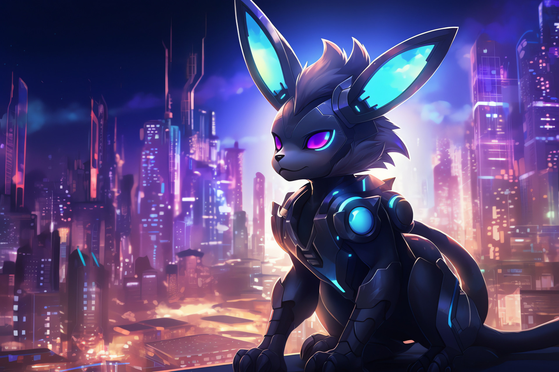 Gaming icon Umbreon, Evolved Eevee, Digitized world, Luminescent stripes, Sci-fi theme, HD Desktop Wallpaper