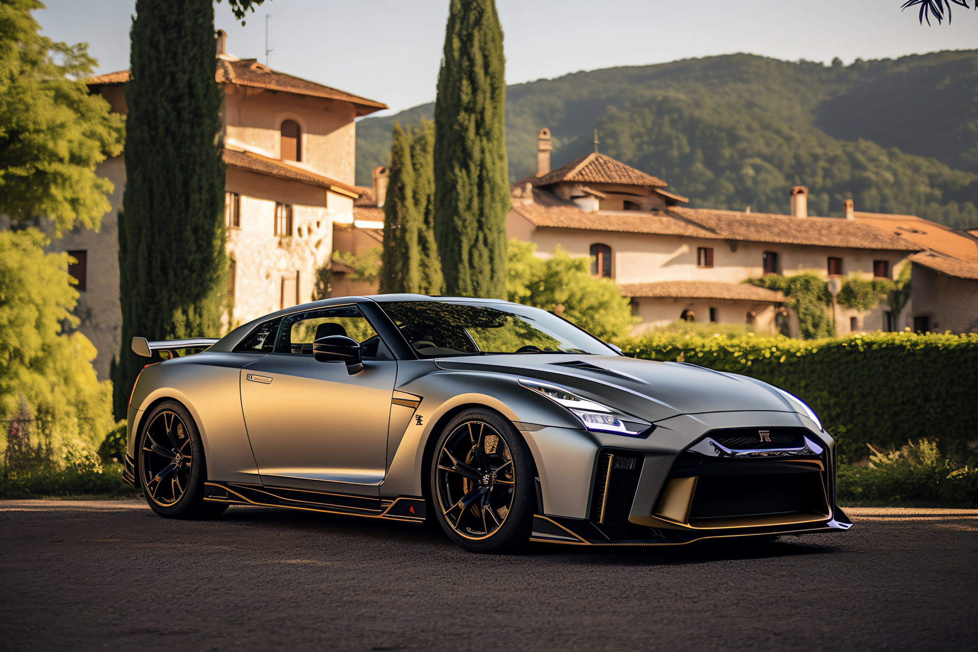 Nissan GTR R35 Italdesign, Metallic silver finish, Italian design influence, Gold highlights, European backdrop, HD Desktop Image