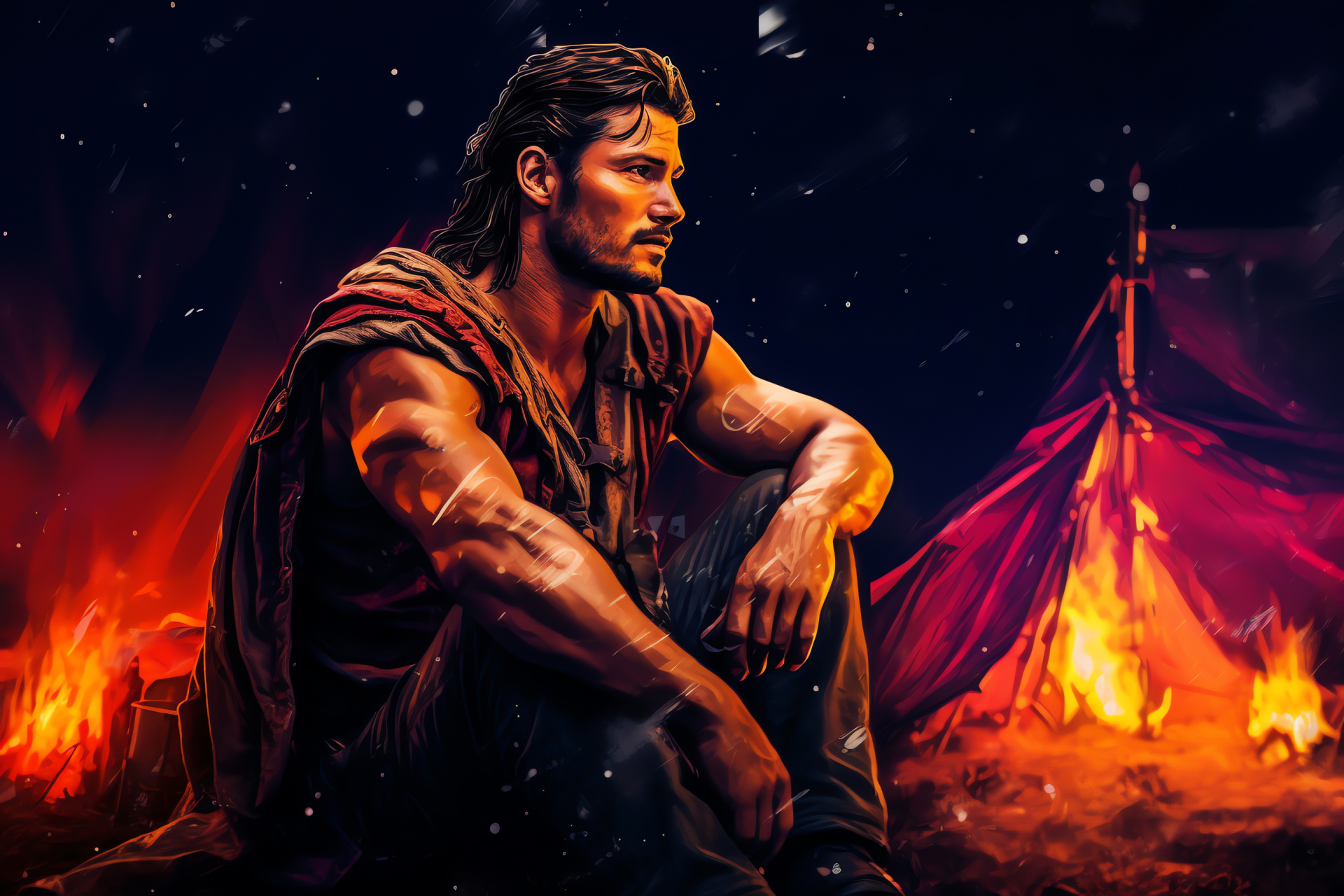 Spartacus rebel, gladiator campsite, nocturnal sky, reflective moment, wearied soldier, HD Desktop Wallpaper