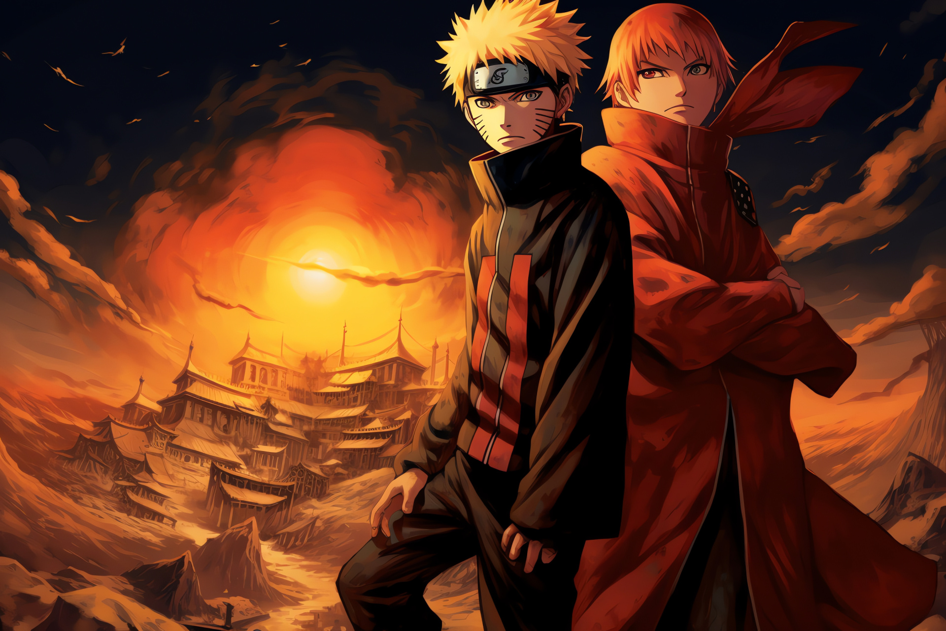 Anime duel, Naruto Uzumaki, Gaara of the Desert, confrontation scene, Iwagakure setting, HD Desktop Image