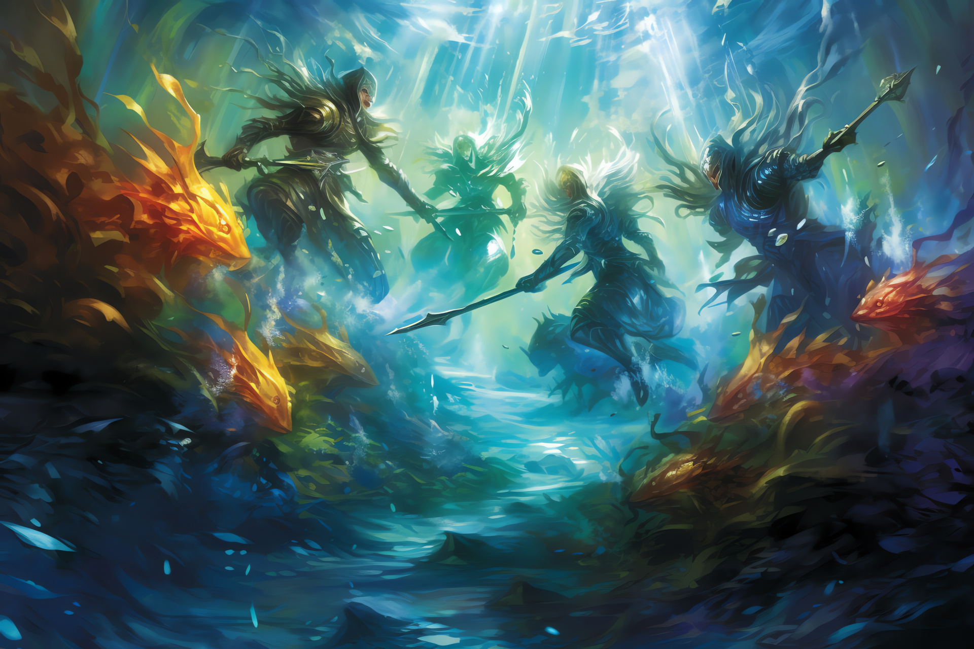 MTG waterscape, Aquatic fighters, Submerged clash, Oceanic beings, Iridescent fishfolk, HD Desktop Wallpaper