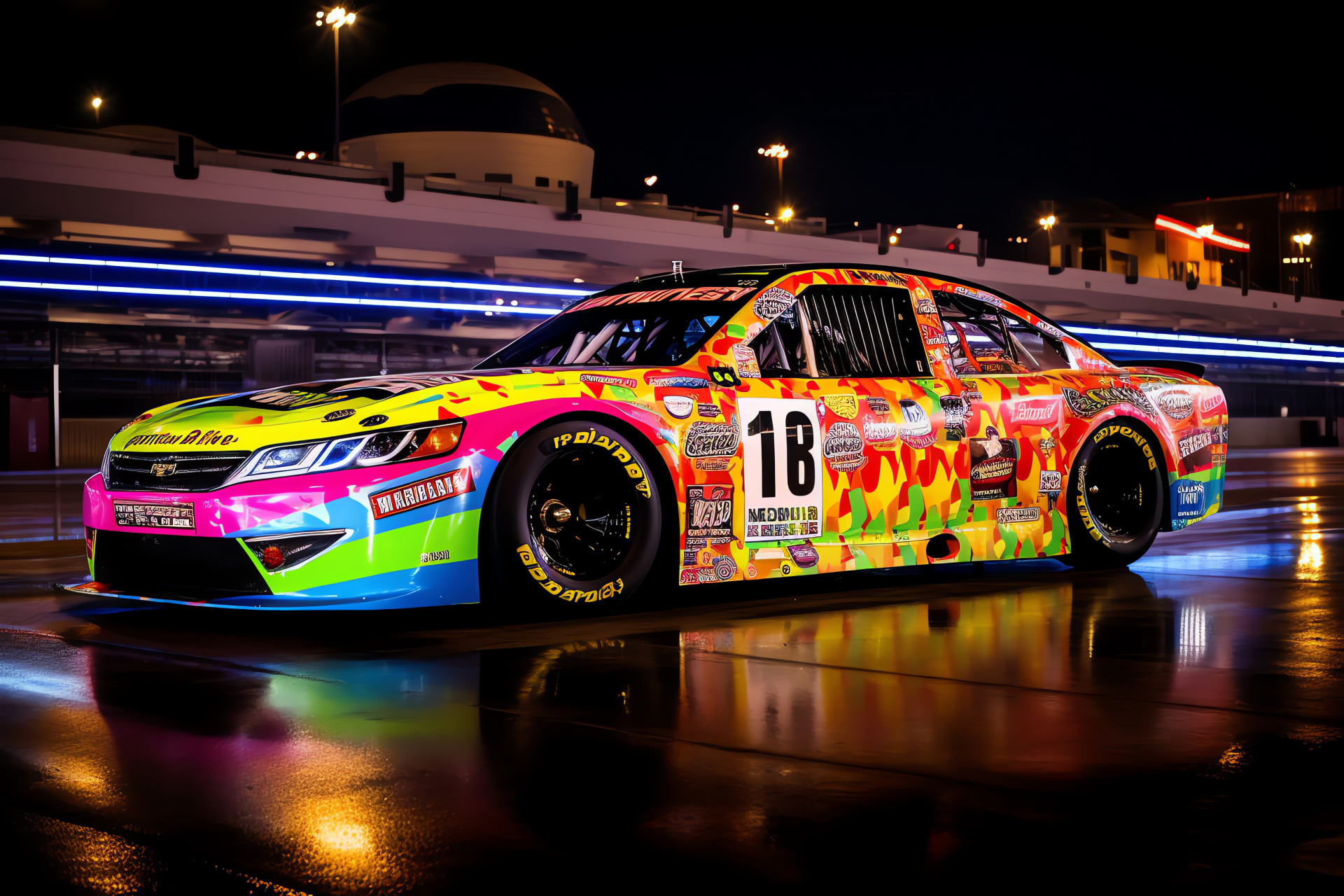 NASCAR under Vegas lights, twilight speed contest, glamor of the race, neon allure, night spectacle, HD Desktop Wallpaper