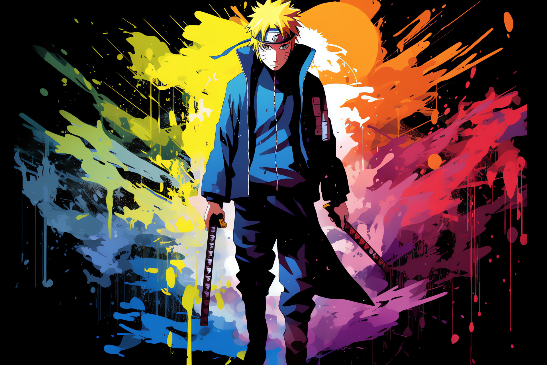 Minato Namikaze, striking appearance, Fourth Hokage regalia, ninja weapon, piercing gaze, HD Desktop Image