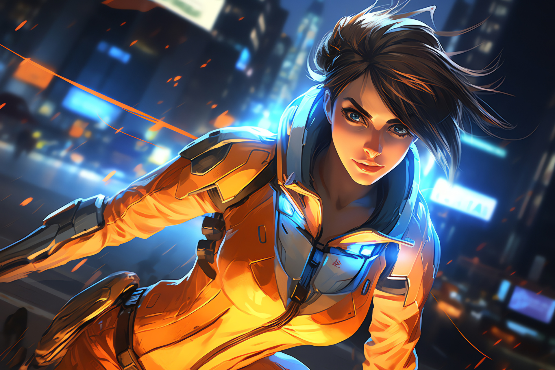 Tracer amid futuristic city, Dystopian cyberpunk metropolis, Glowing street ambience, Urban skyline heights, Sci-fi city representations, HD Desktop Image