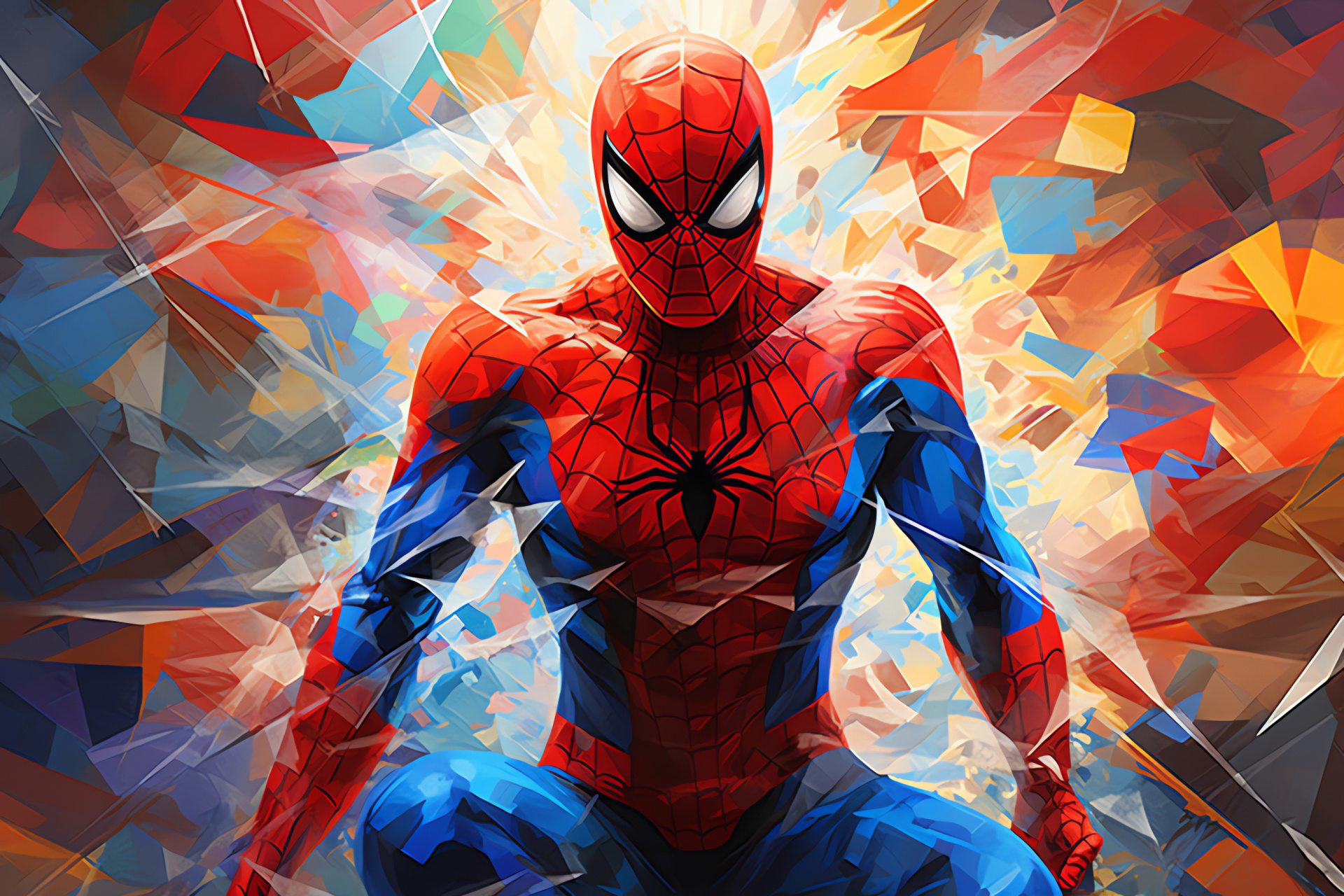 Peter Parker poised, Vigilante stance, Abstract art, Design contrast, Emblematic web-slinger, HD Desktop Wallpaper