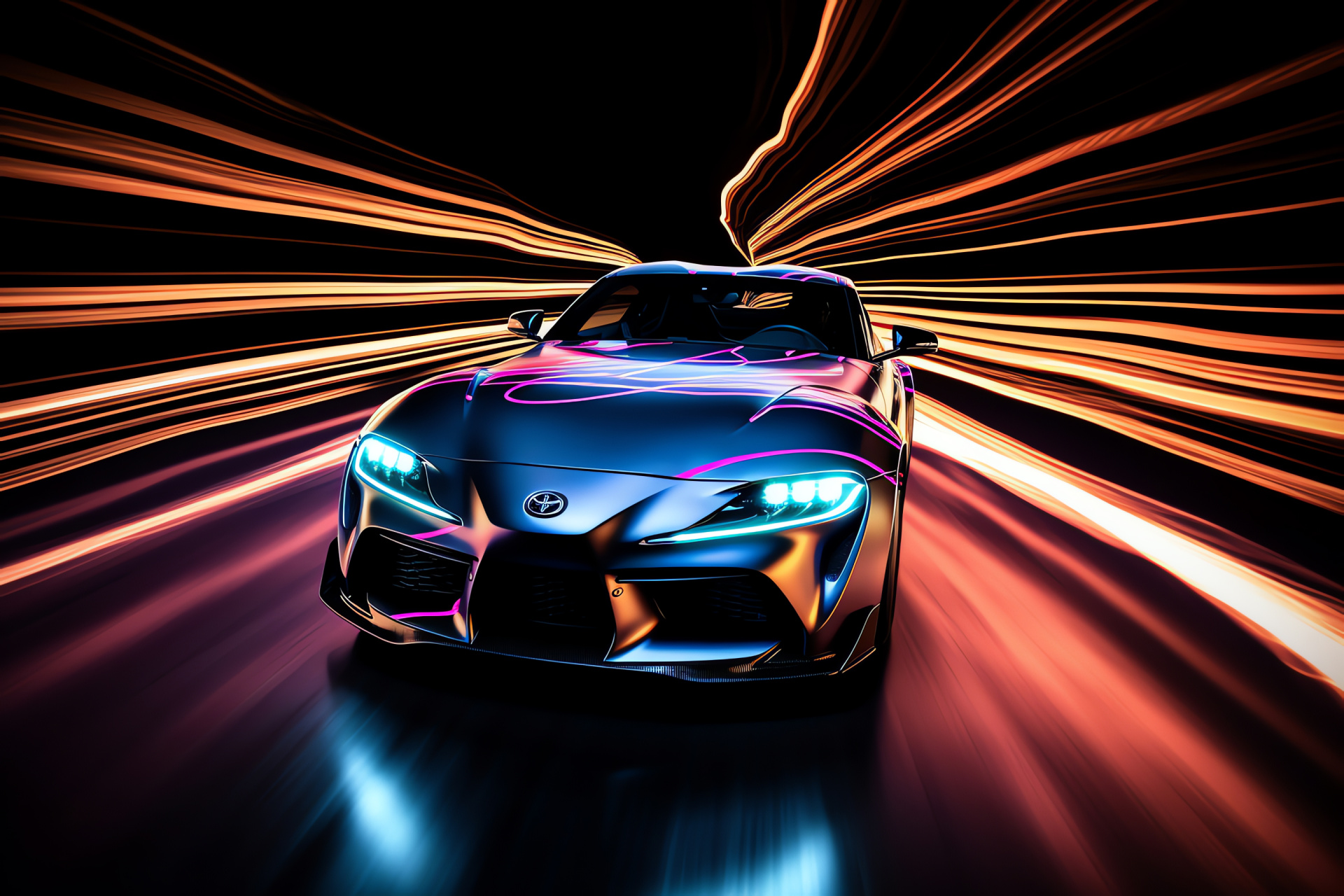 Toyota Supra MK4, Wide-frame capture, Tri-color design, Luminous streaks, Automotive allure, HD Desktop Image