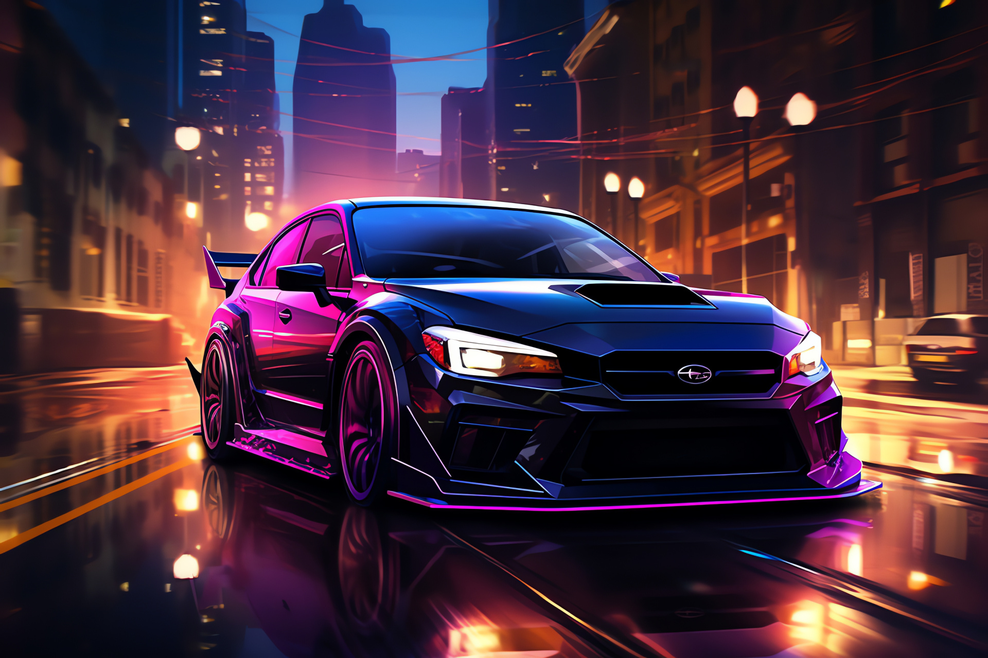 Impreza WRX STI, future urban look, metropolitan lights, black edition, high-performance street, HD Desktop Wallpaper