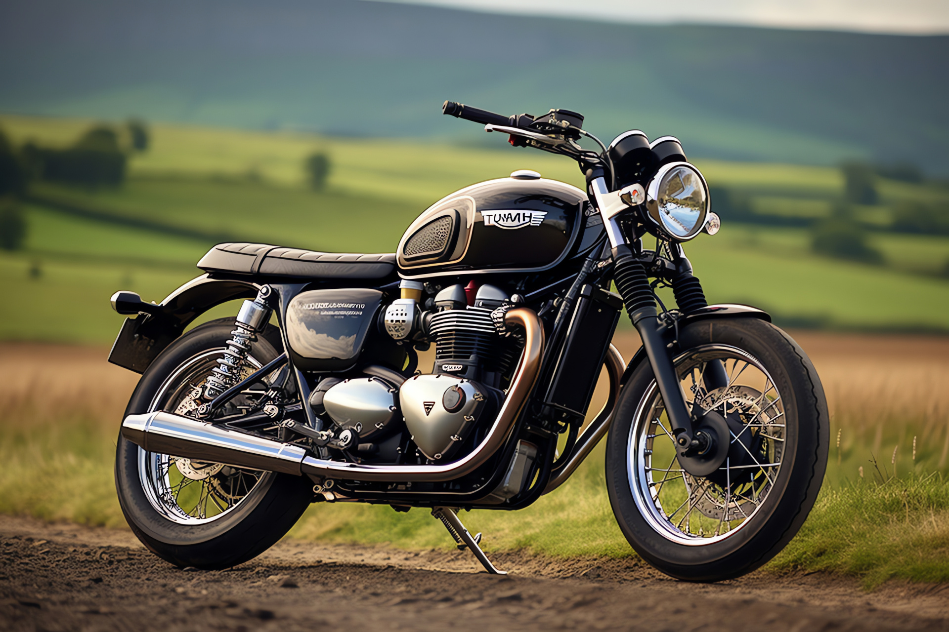 Triumph Bonneville England, Peak District cruising, British retro motorcycle, Elegant engine performance, Rural landscape, HD Desktop Wallpaper