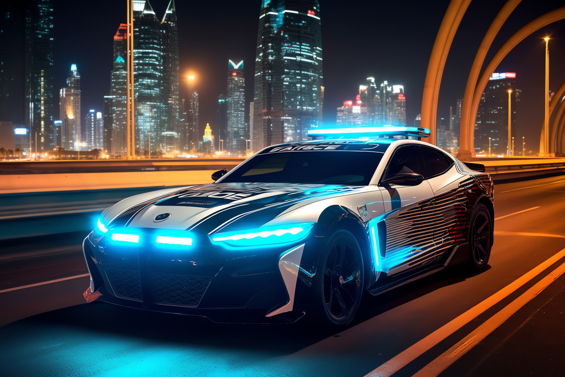 Dubai Police supercar, High-tech patrol, Cityscape pursuit, Advanced policing, Dubai skyline environment, HD Desktop Image