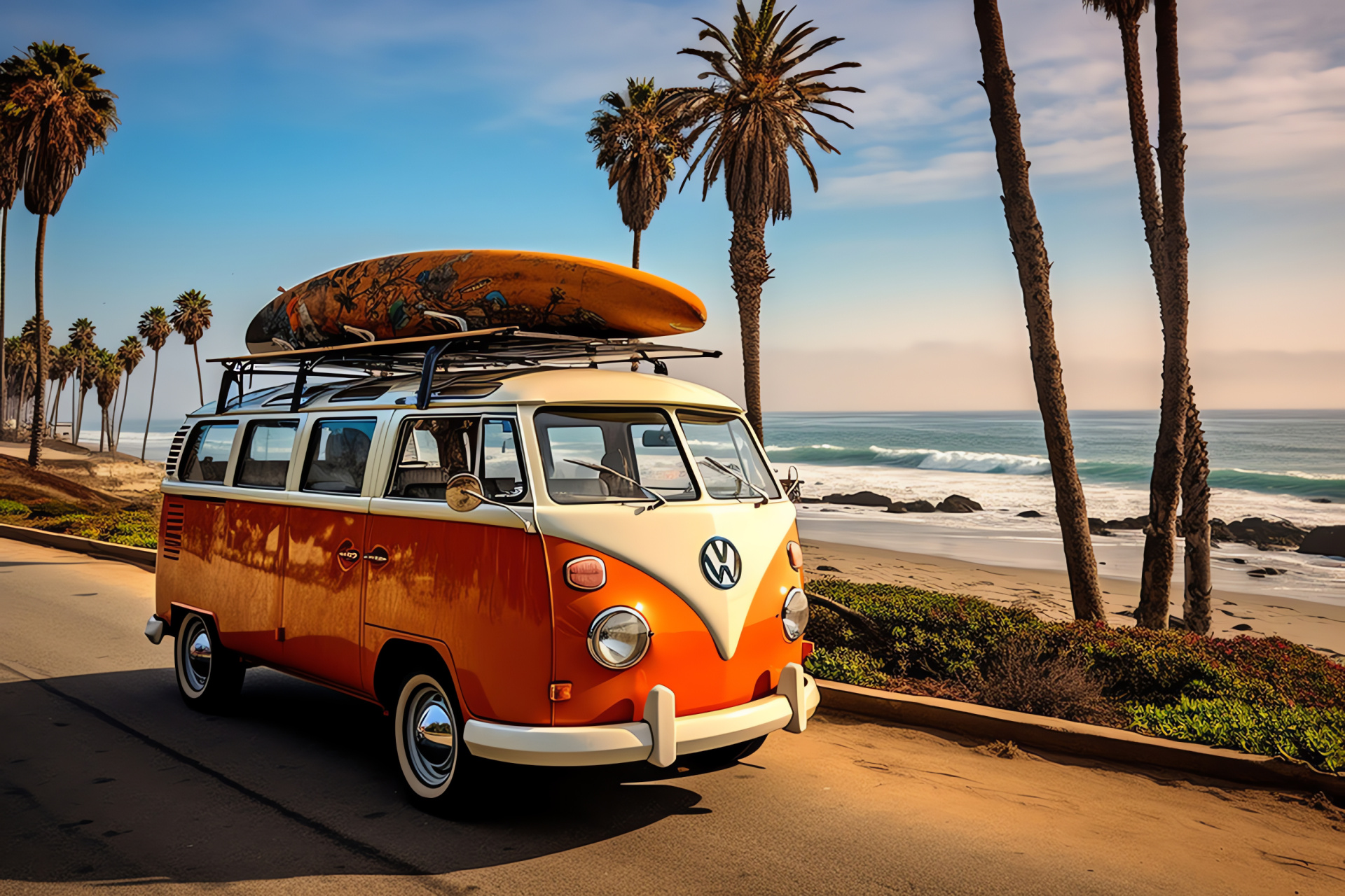 VW Bus journey, California coastal scenery, Highway 1, beach culture, Los Angeles palm skyline, HD Desktop Wallpaper