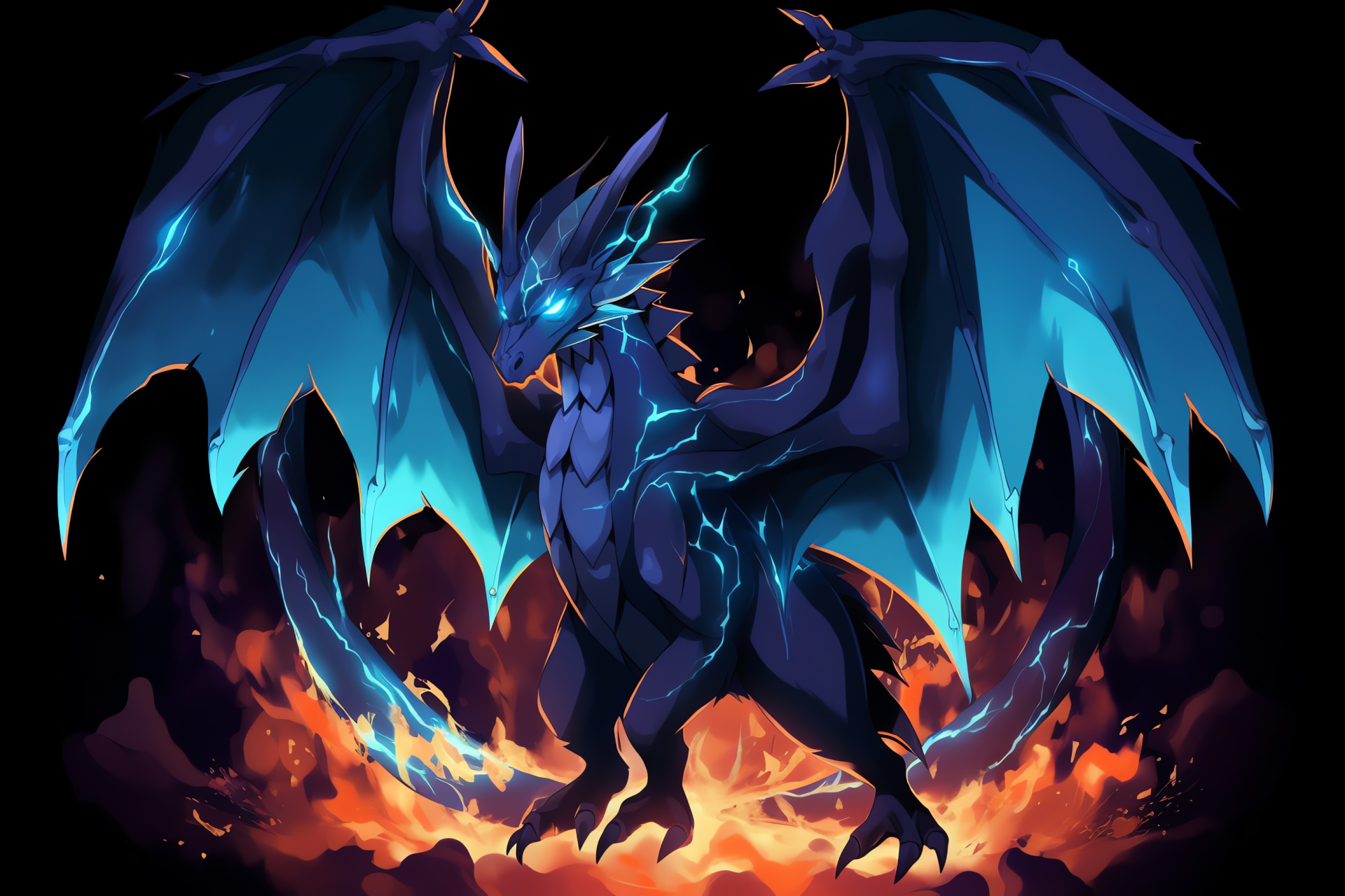 Mega Charizard display, Orange scale texture, Greenery scene background, Azure-eyed intensity, Full wing span, HD Desktop Image