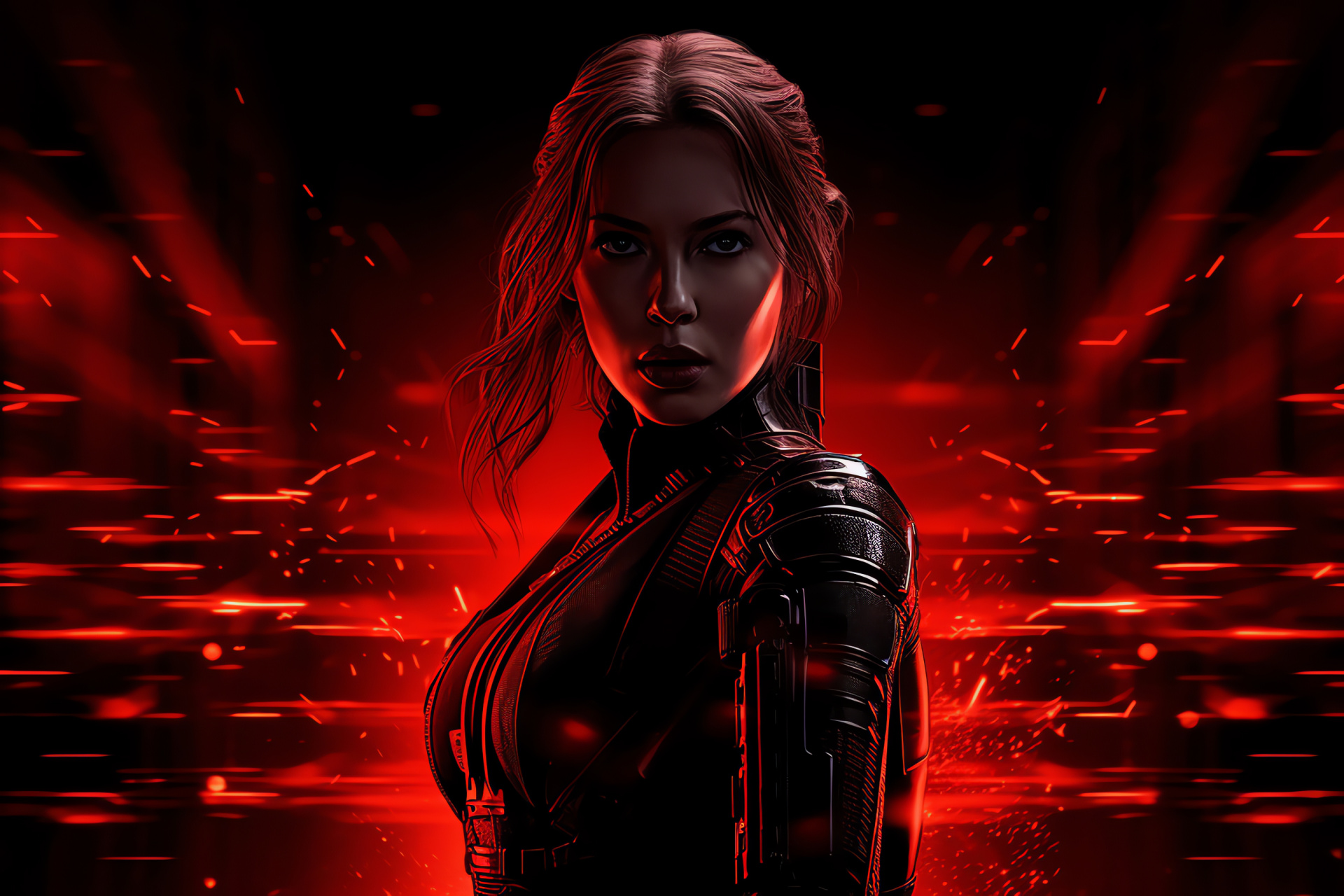 Talented Scarlett Johansson, super-spy Black Widow, powerful manifestation, clear sapphire eyes, monochromatic crimson setting, HD Desktop Wallpaper