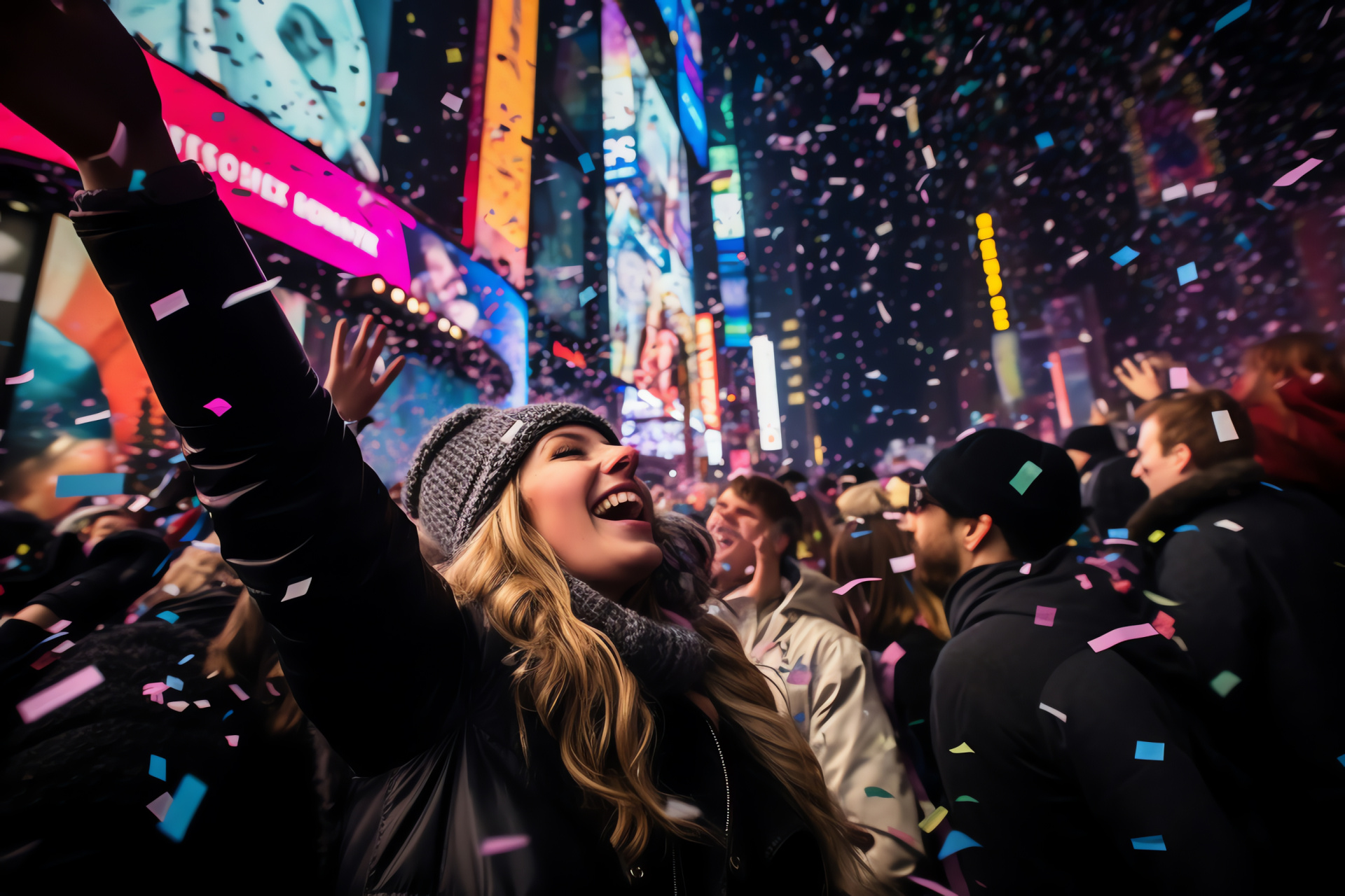 New Year's Eve frenzy, Times Square revelers, New York confetti rain, Celebratory fireworks display, HD Desktop Wallpaper