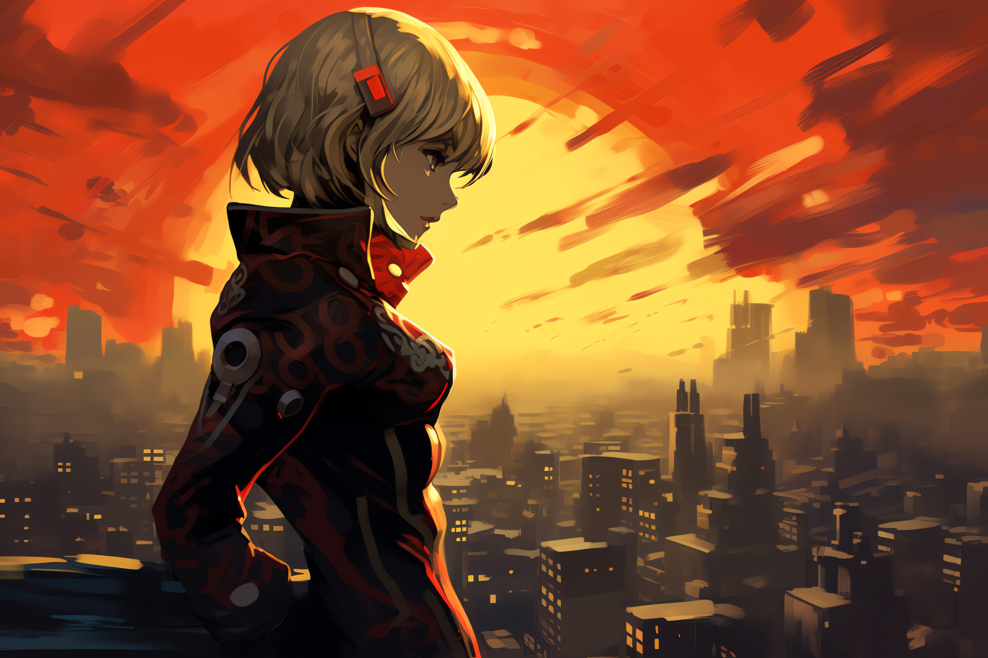 Persona 3 setting Aigis, City panorama, Skyscape shades, Rooftop perspective, Eventide glow, HD Desktop Image