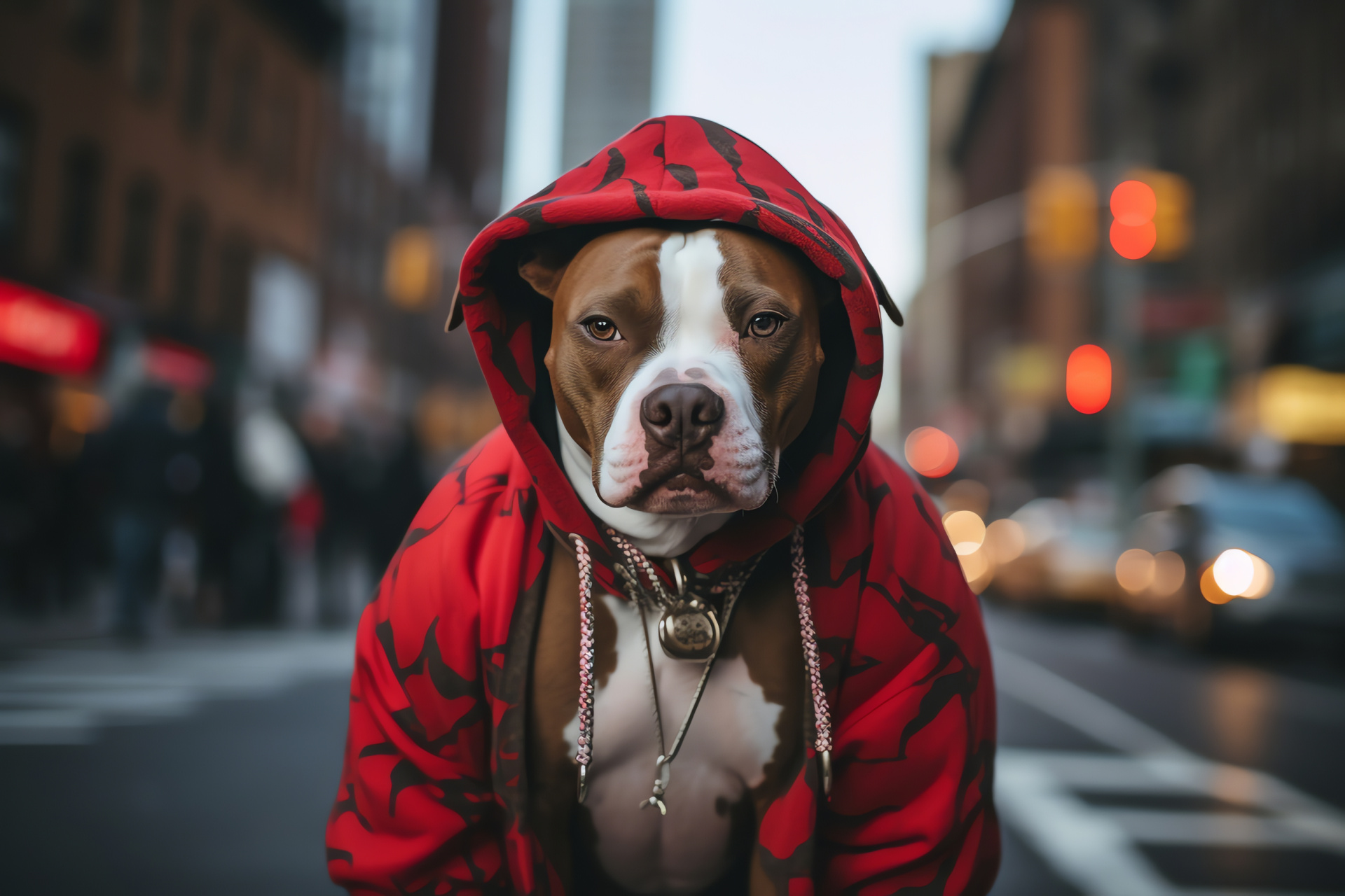 Urban Pitbull, Red Fur, Candid Canine, Streetwise Pet, Metropolis Atmosphere, HD Desktop Wallpaper