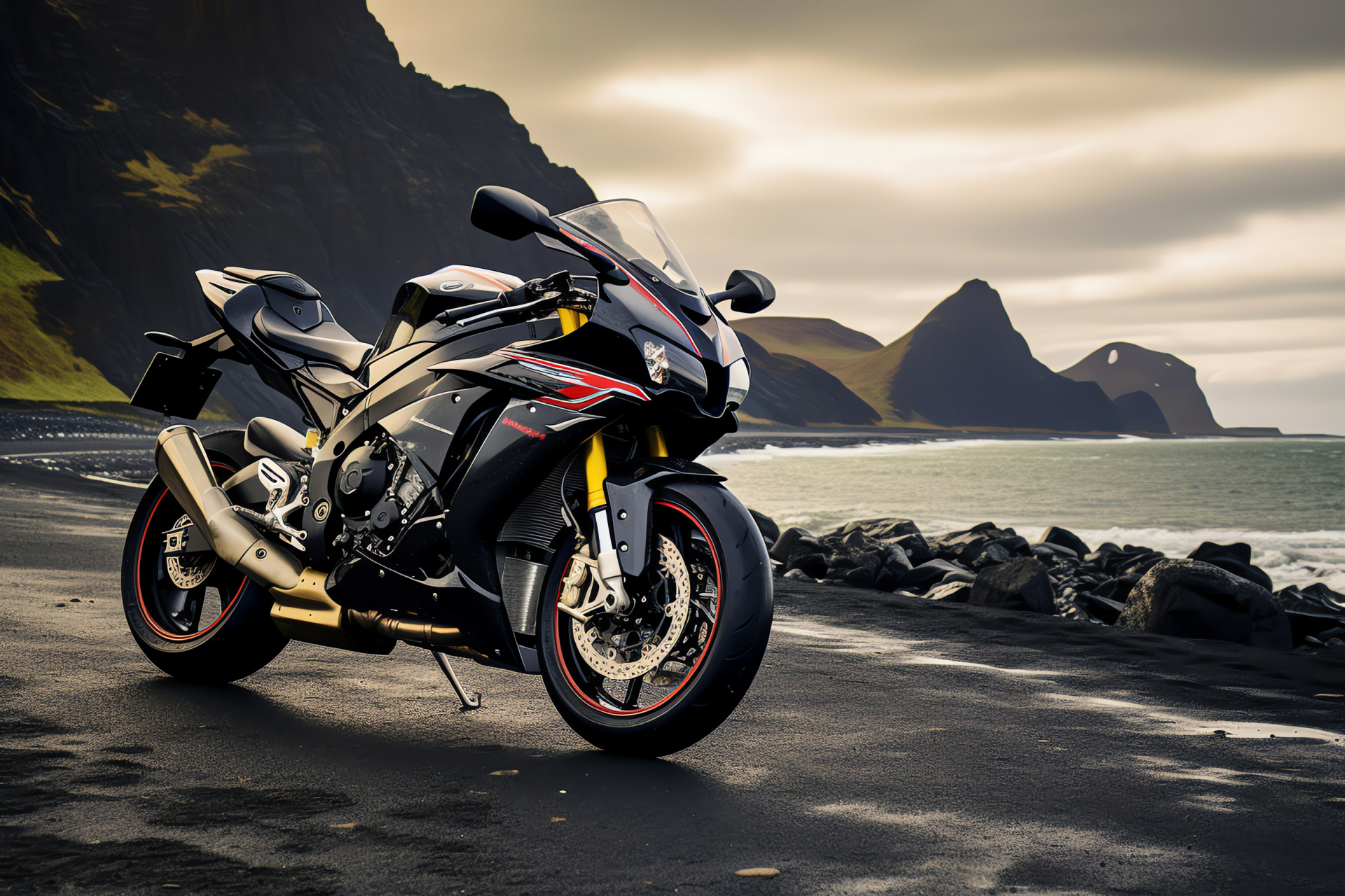 Suzuki GSXR 750, Iceland black beach, Sportbike exploration, Volcanic scenery, Wild Icelandic nature, HD Desktop Image