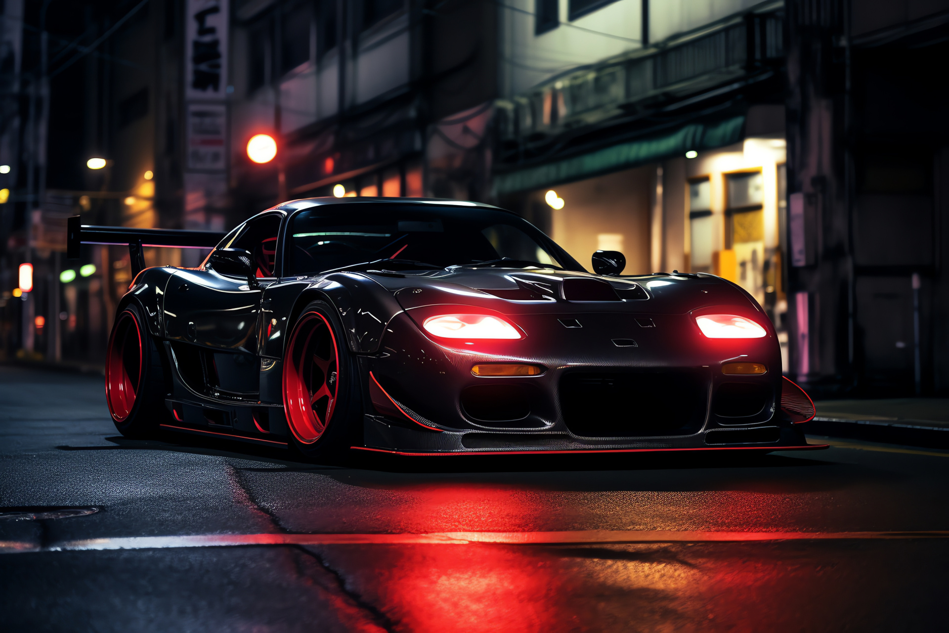 Veilside Tokyo RX-7, Sporty body kit, Japanese tuning culture, Neon-lit urban environment, Aggressive automotive styling, HD Desktop Wallpaper