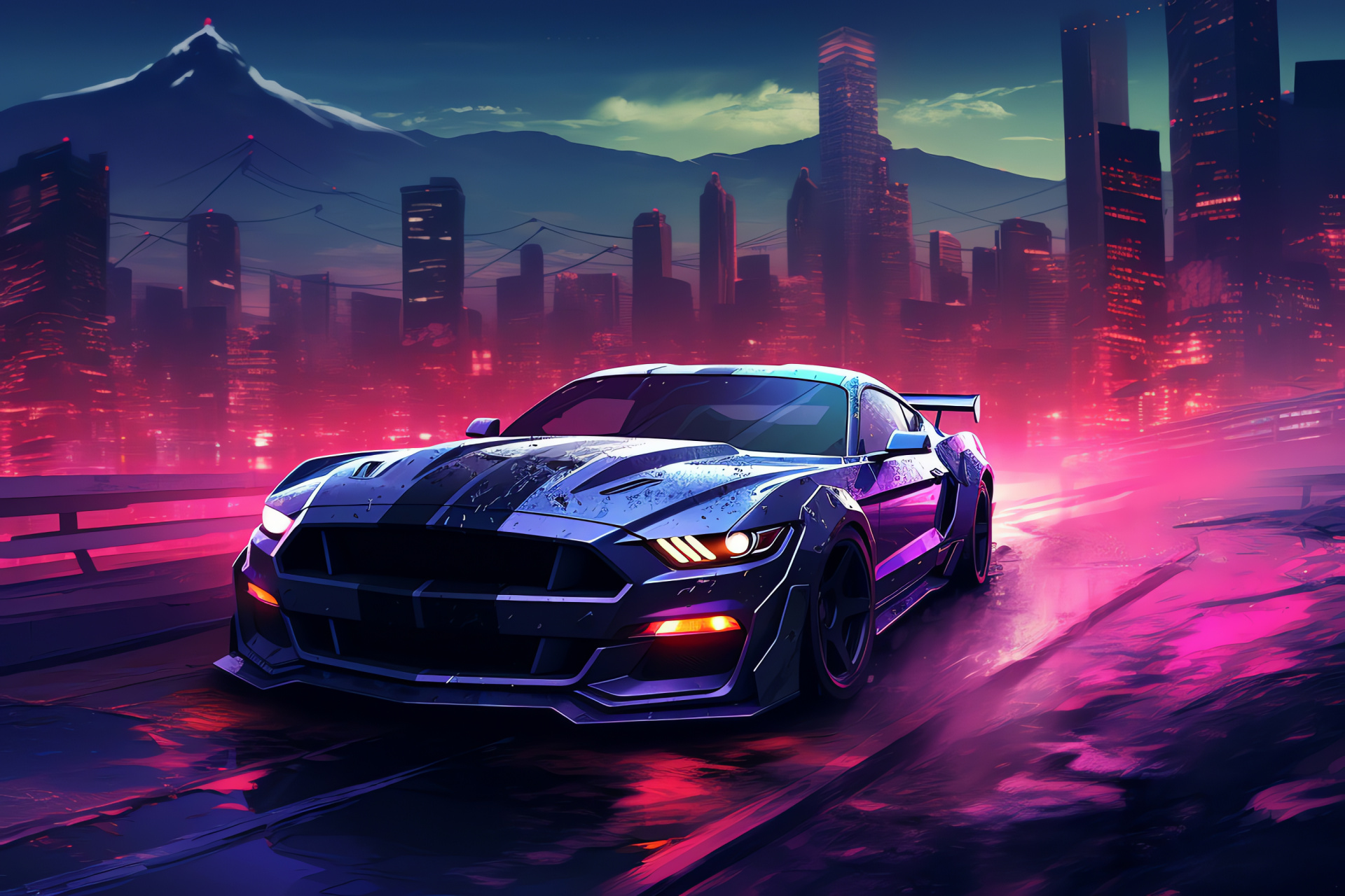 Ford Mustang overview, Cyberpunk cityscape, Neon-lit Mustang drive, Bird-eye urban scene, Digital age car, HD Desktop Wallpaper