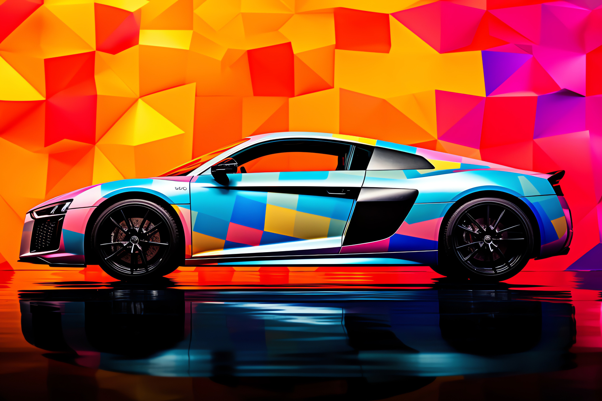 Audi R8 V10 performance, Supercar stature, Vehicle flank exposure, Colorful ambiance, Patterned backdrop, HD Desktop Image