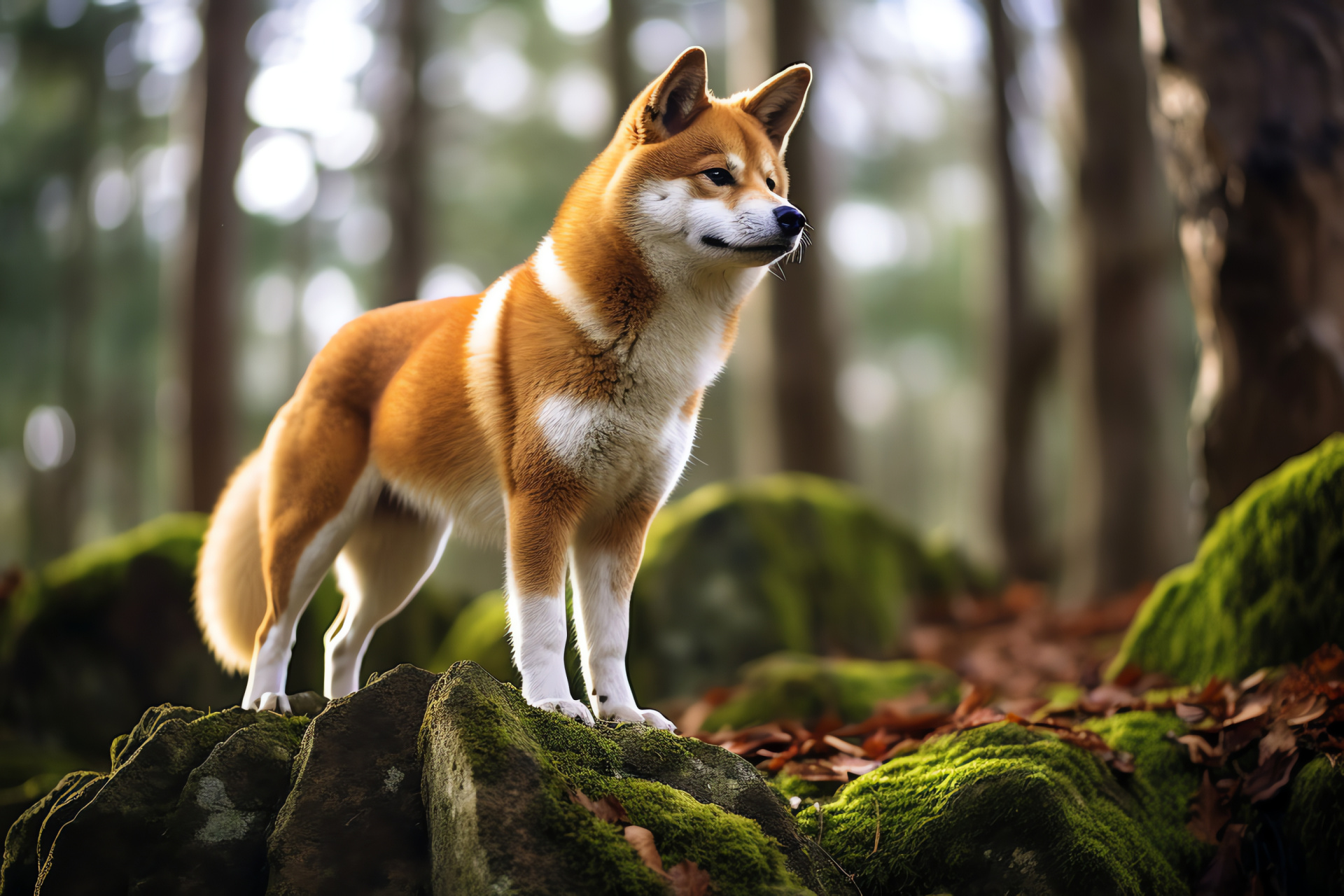 Shiba Inu wisdom, Forest nobility, Lush vegetation companion, Canine intellect, Furry elegance, HD Desktop Image