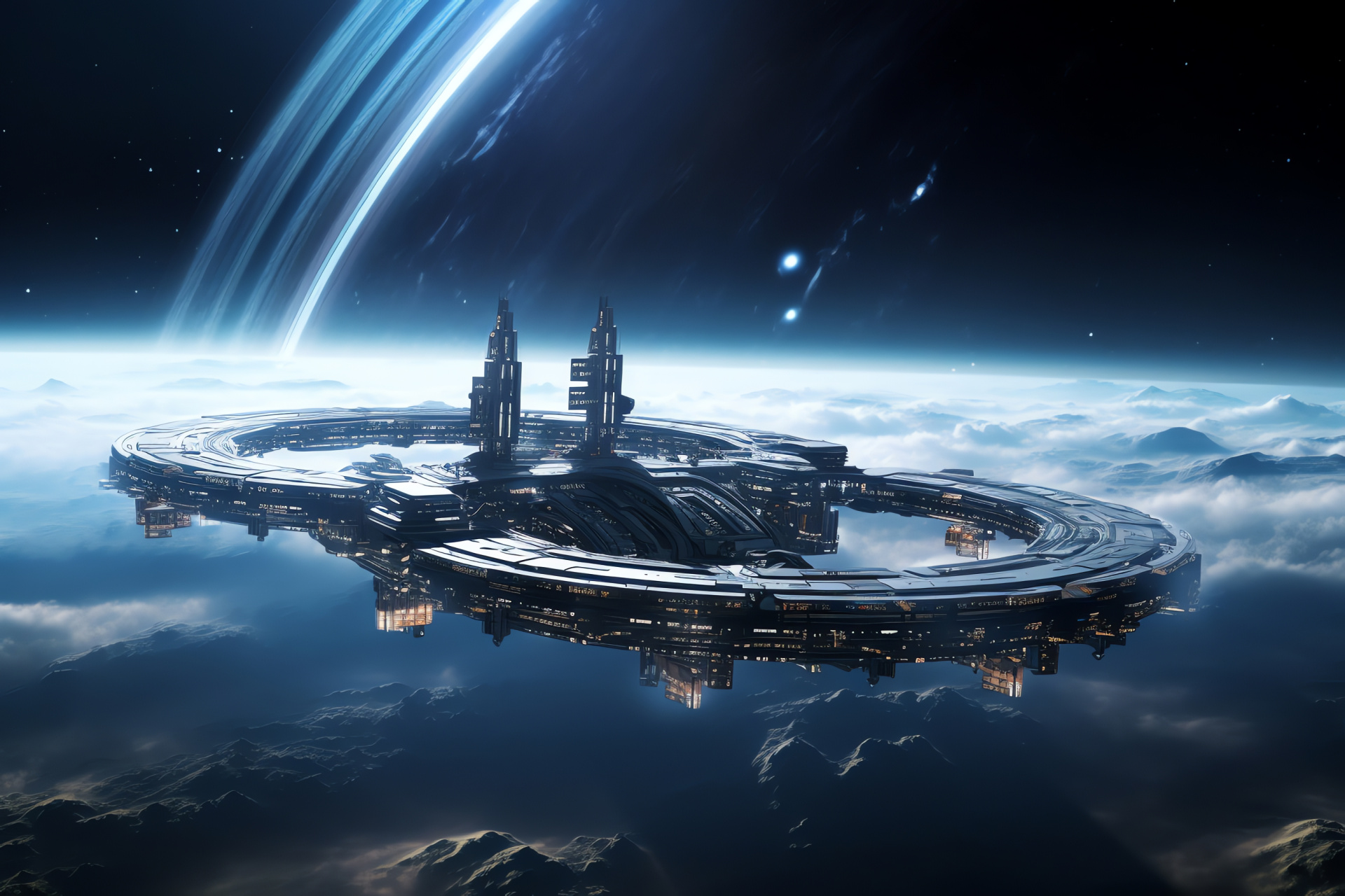 Gas titan, Space habitat, Celestial expanse, Orbits panorama, Cosmic installation, HD Desktop Image