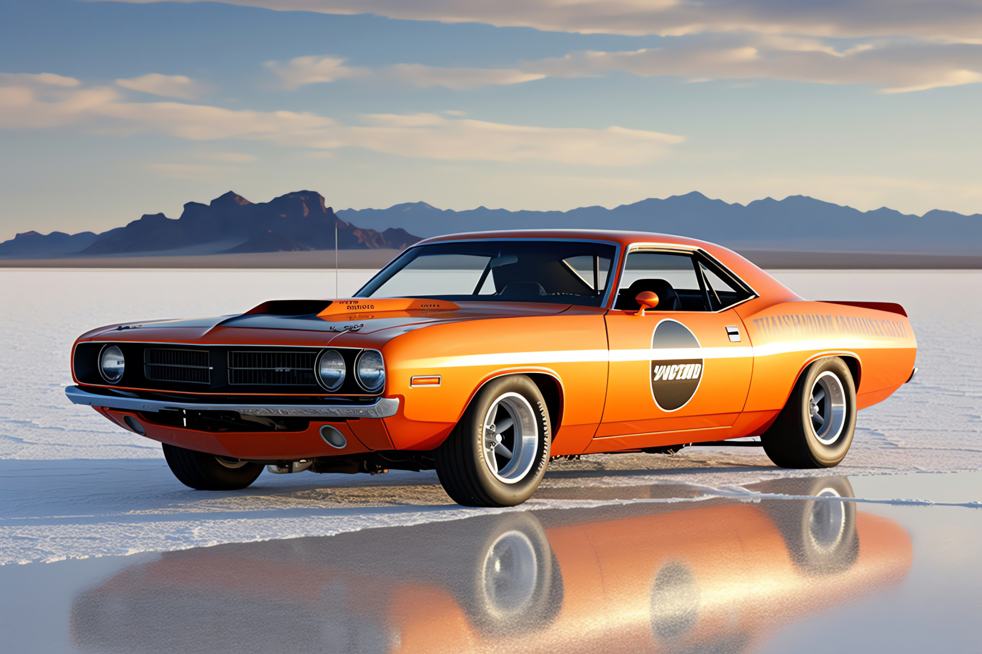 Plymouth Barracuda Muscle Car, Salt Flats racing, Bright orange finish, Speed demon, Performance bodywork, HD Desktop Image