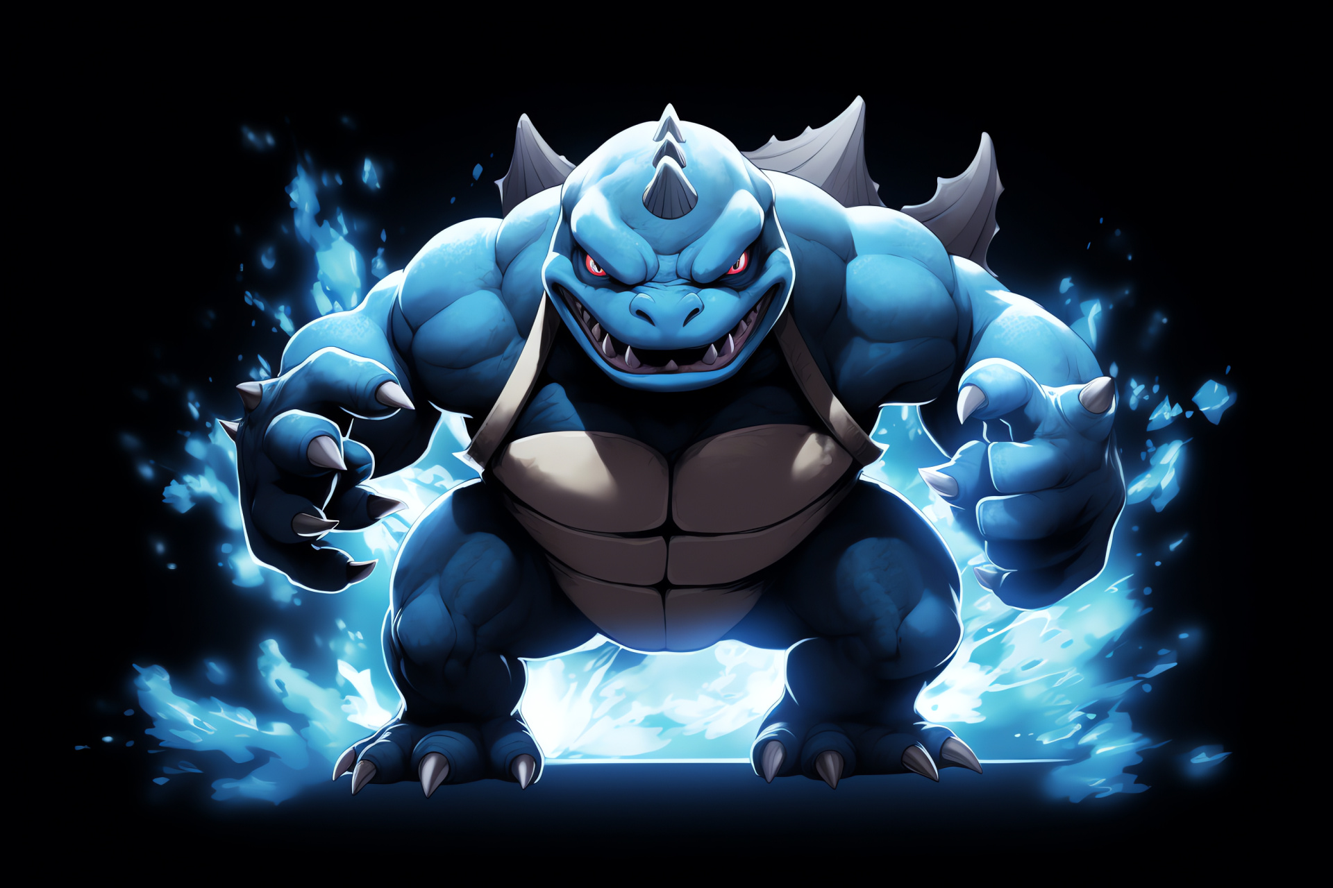 Blastoise showing blue skin, dark shell textures, piercing gaze, Pokmon's formidable stature, gaming arena, HD Desktop Wallpaper