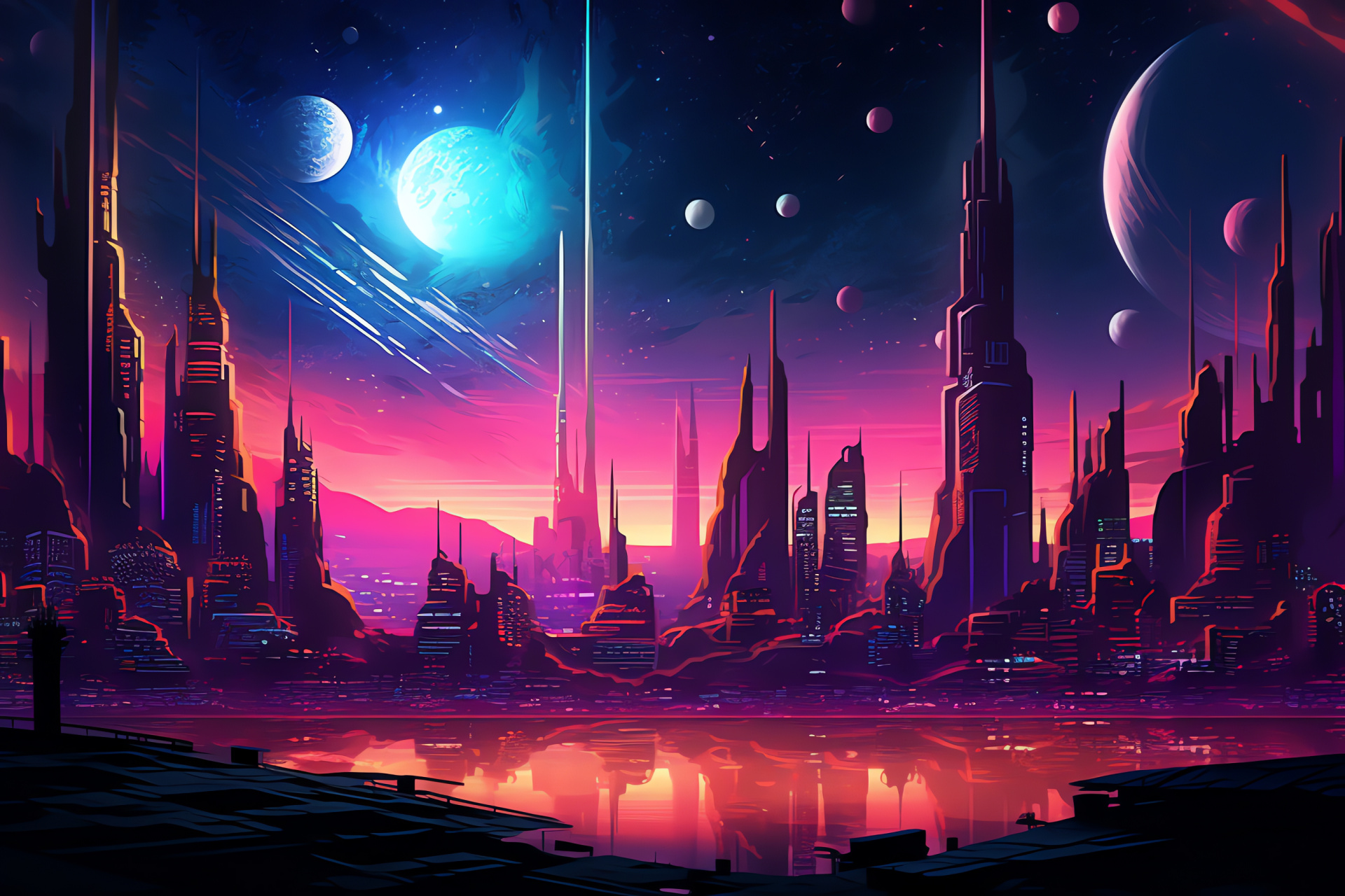 Artistic creation, Off-world civilization, Urban spectacle, Holographic art, Psyber metropolis, HD Desktop Image