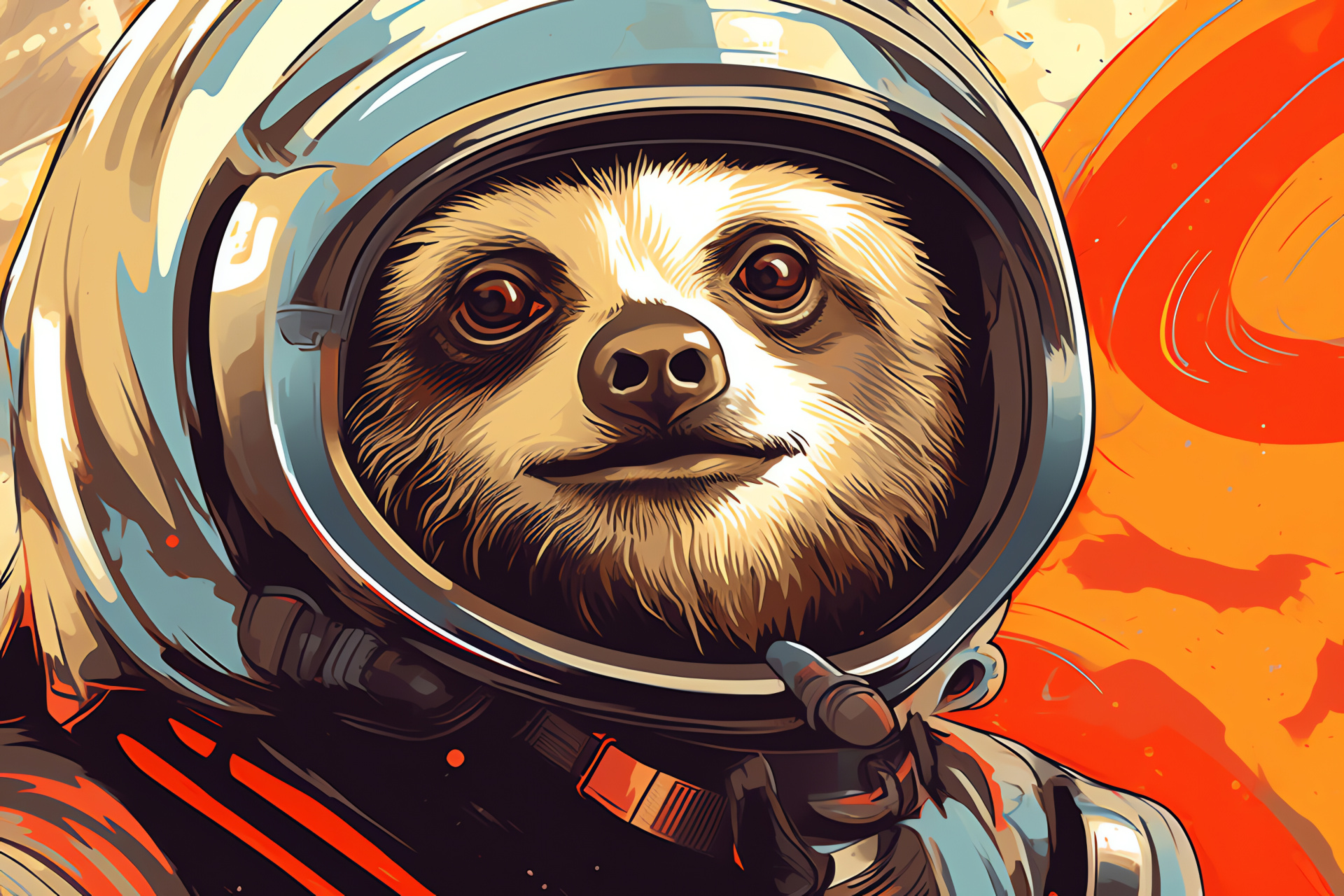Sloth spaceman, Metallic gold attire, Spaceport scene, Advanced astronautics, Technological space hub, HD Desktop Wallpaper
