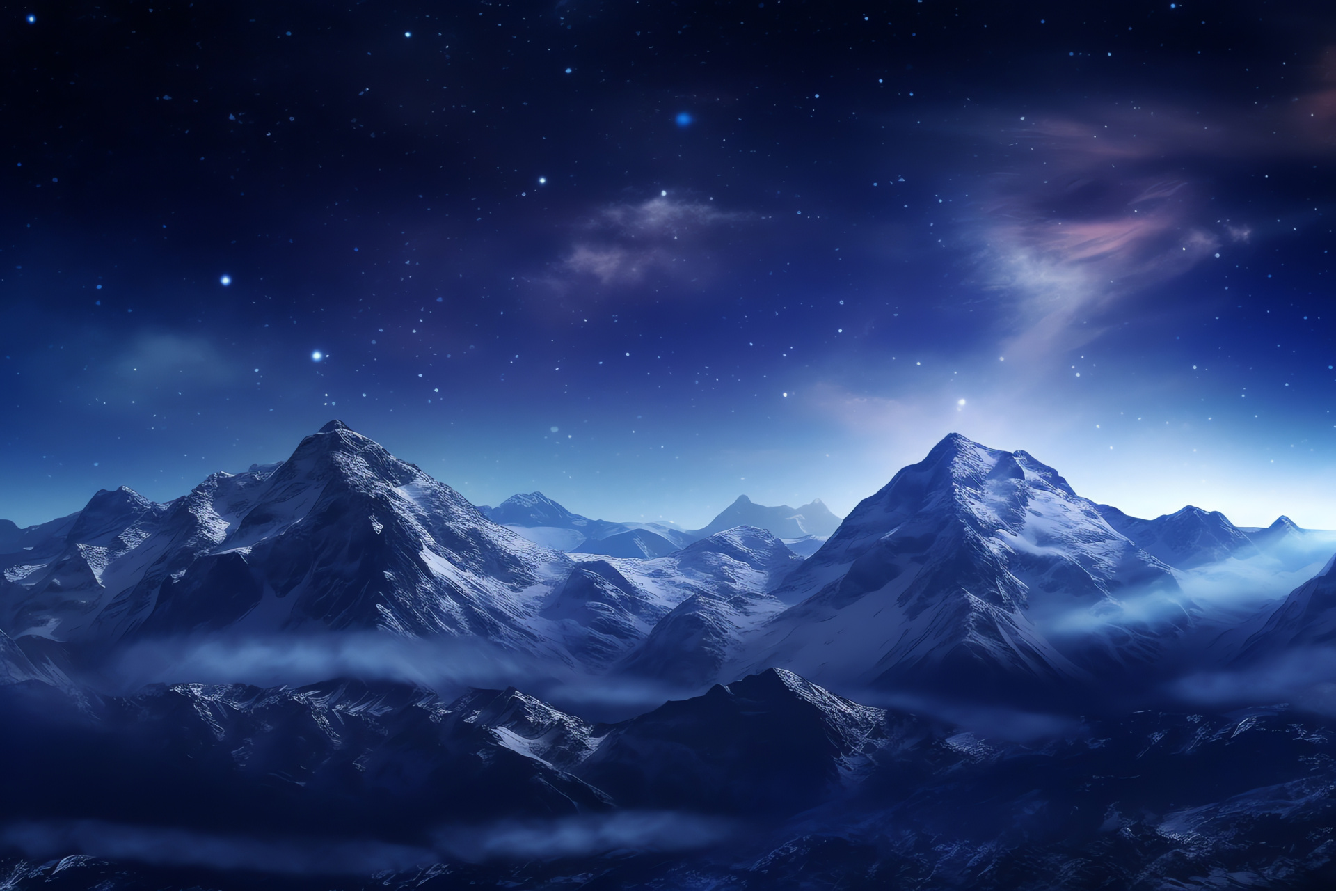 Terrestrial night view, Galactic celestial body, Midnight alps, Untouched wilds, Mountainous terrain, HD Desktop Image