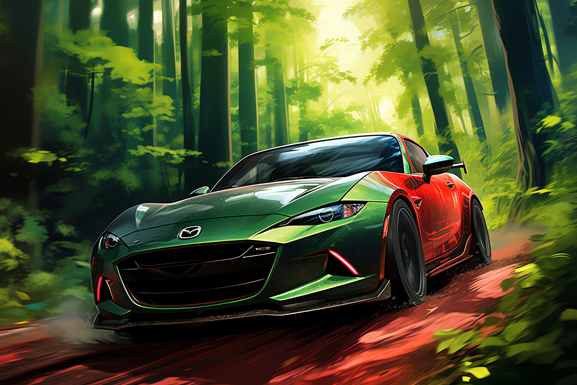 Mazda RX8 forest exploration, Overhead front shot, Natural green backdrop, Japanese auto design, RX8 model showcase, HD Desktop Image