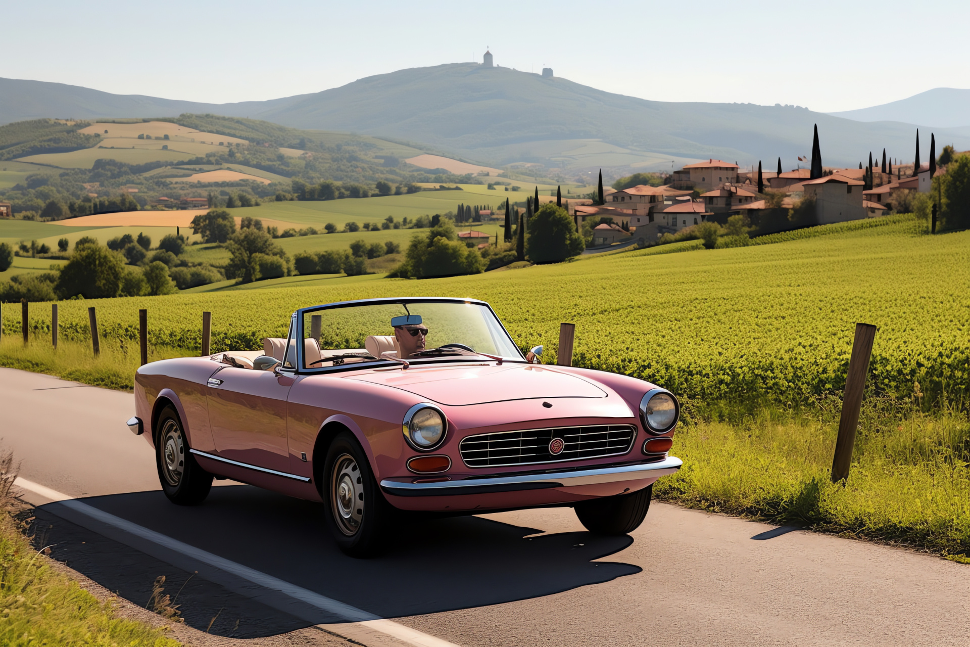 Tuscan Pink Cars, Italian Fiat classic, Open-top driving, Scenic rural paths, Countryside topography, HD Desktop Wallpaper