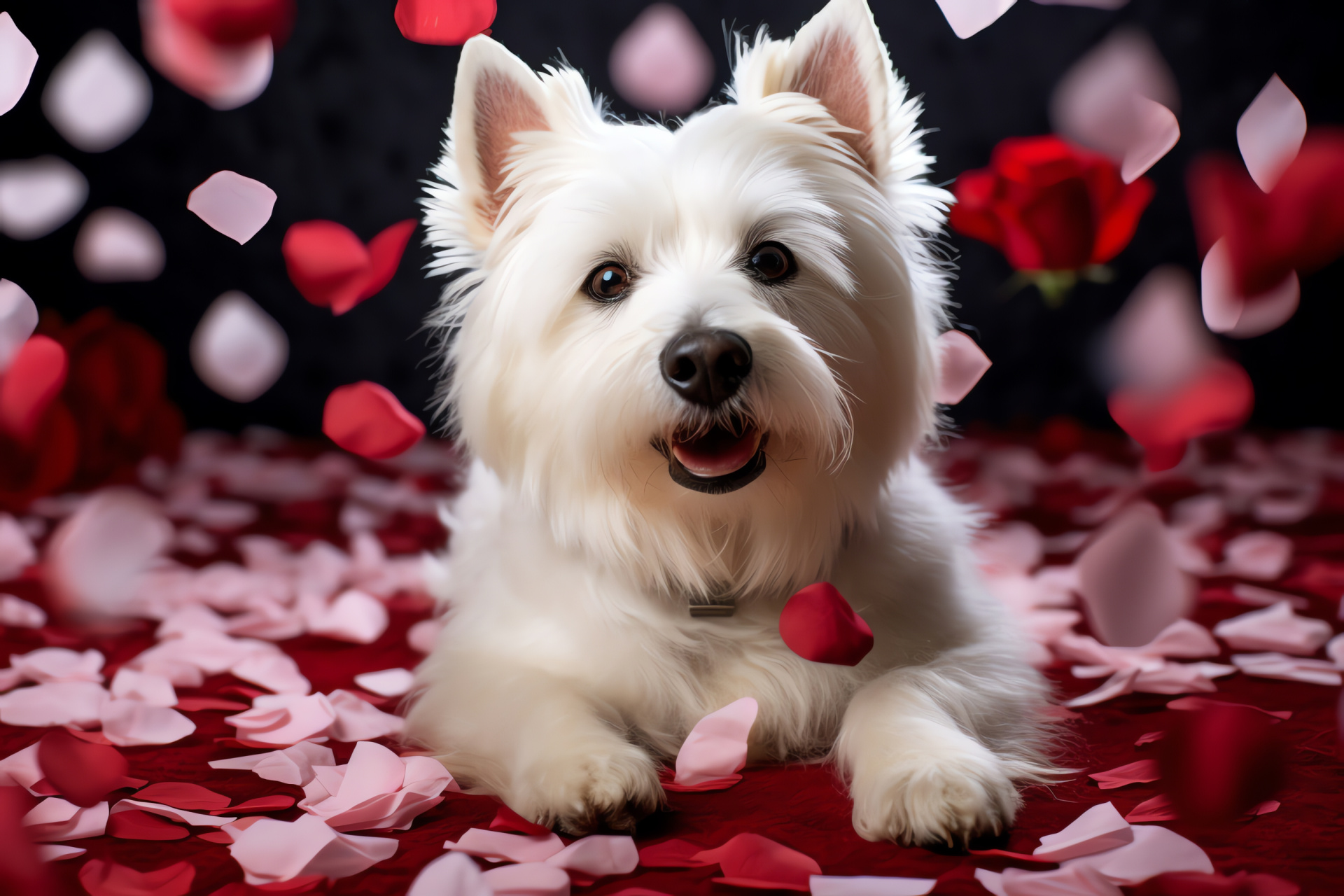 Valentine's white furball, Canine romance, Floral adornment, Pet jubilance, Love day, HD Desktop Image