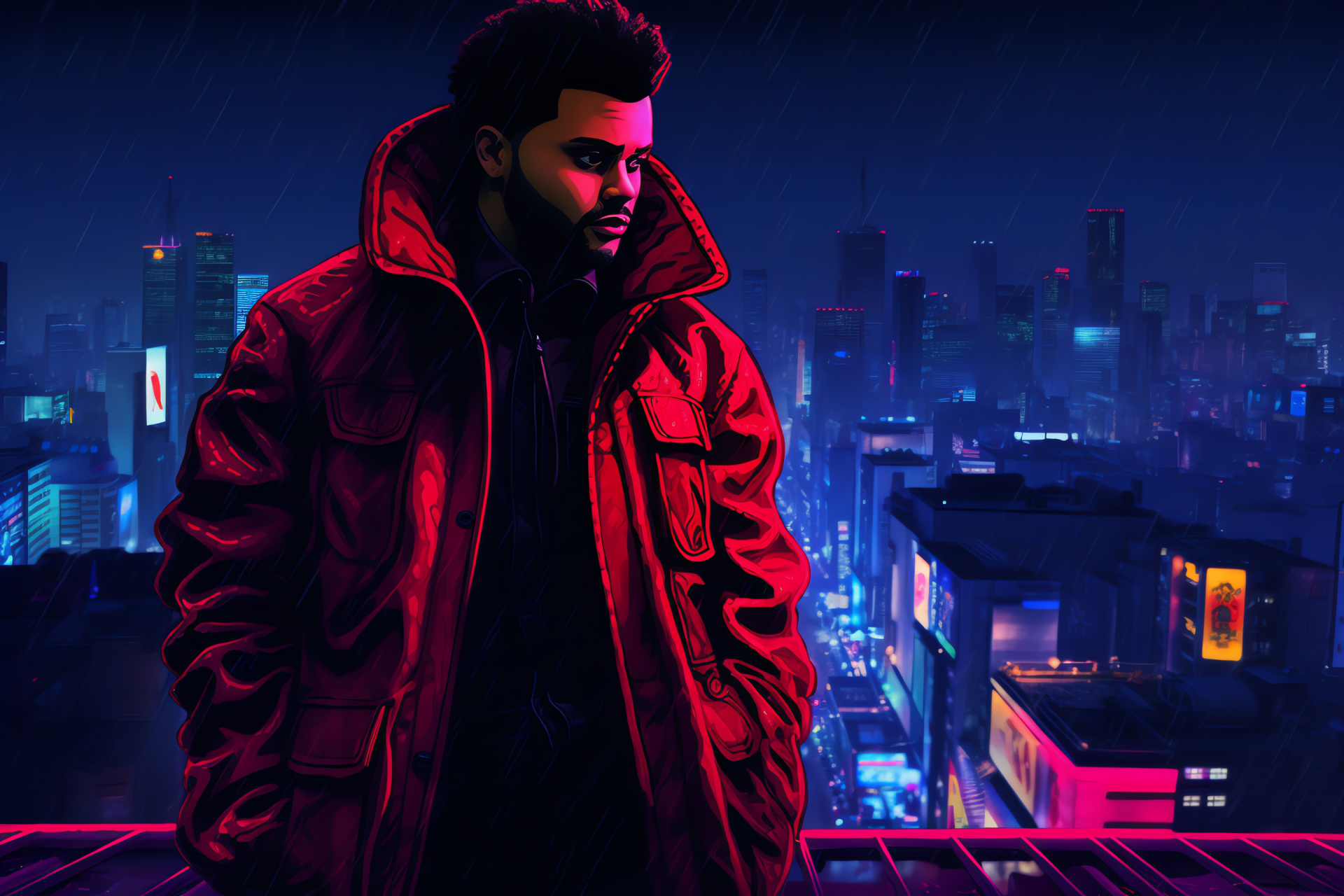 The Weeknd in cityscape setting, glowing neon-lit ambiance, urban rooftop scene, nocturnal city vibe, HD Desktop Image