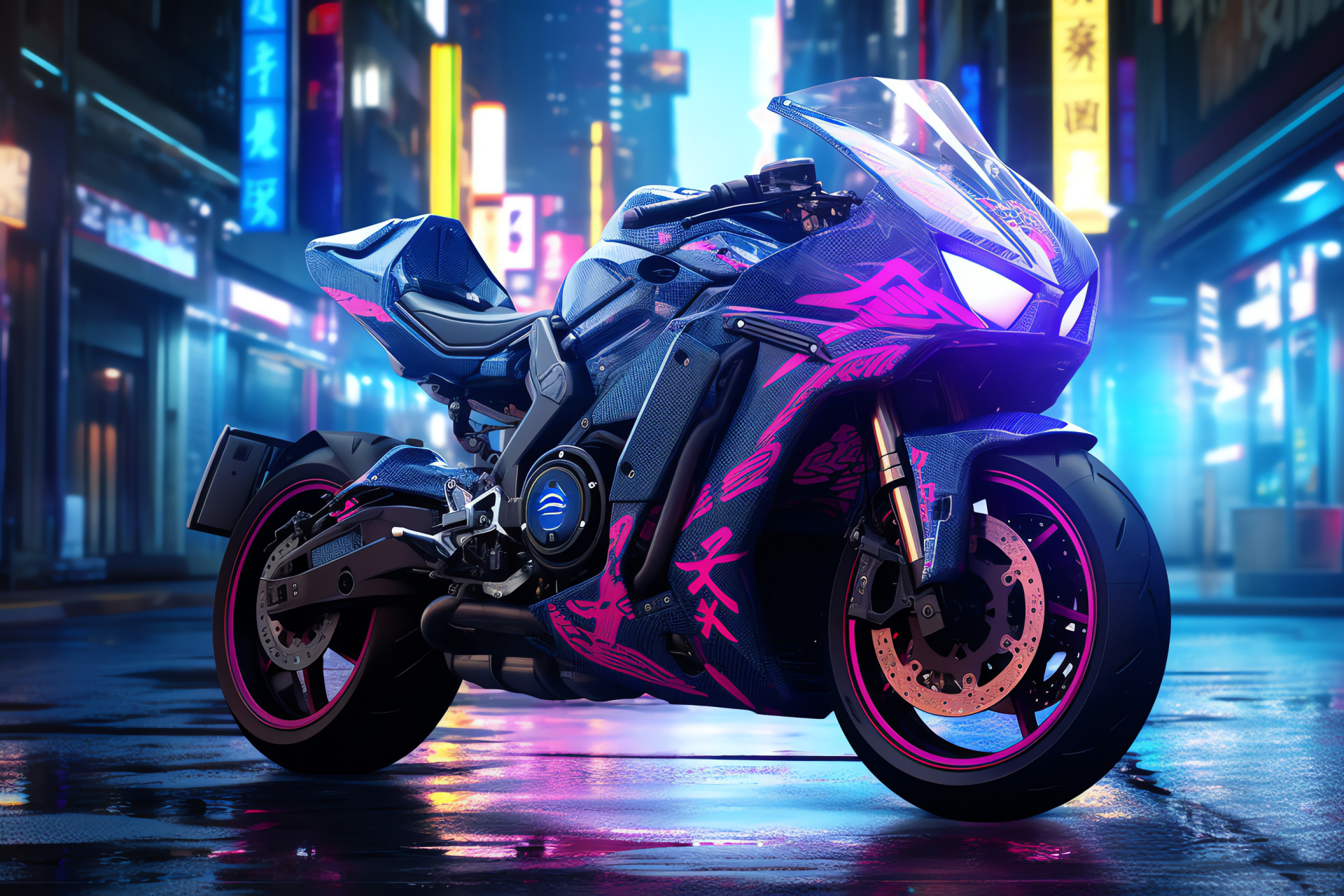 Yamaha R1 SP motorcycle, Aerodynamic build, Modern design, Urban skyline, Neon illumination, HD Desktop Wallpaper