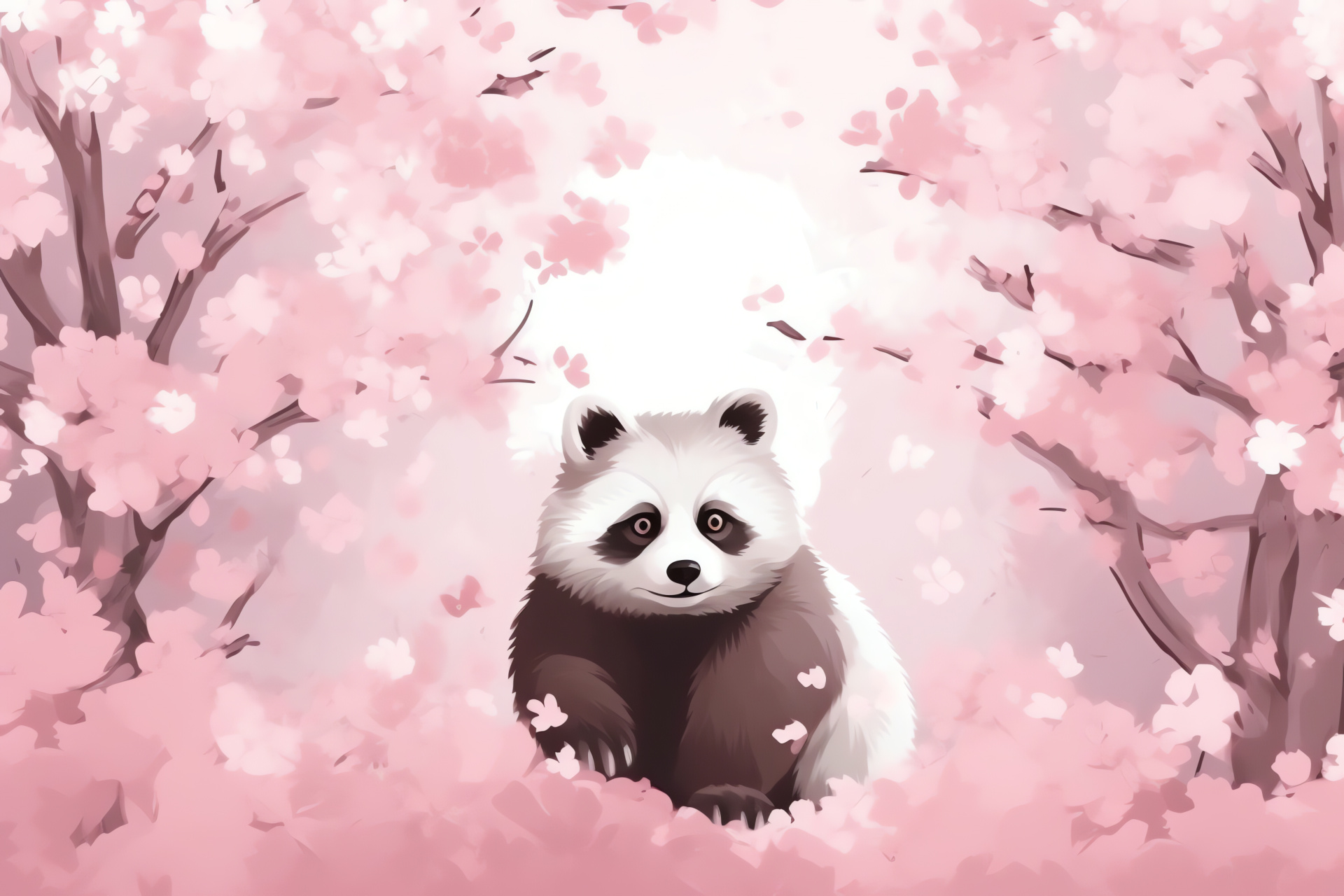 Elegant Pink Panda, Cherry blossoms habitat, Graceful animal, Soft pink fur, Spring blossoms, HD Desktop Wallpaper