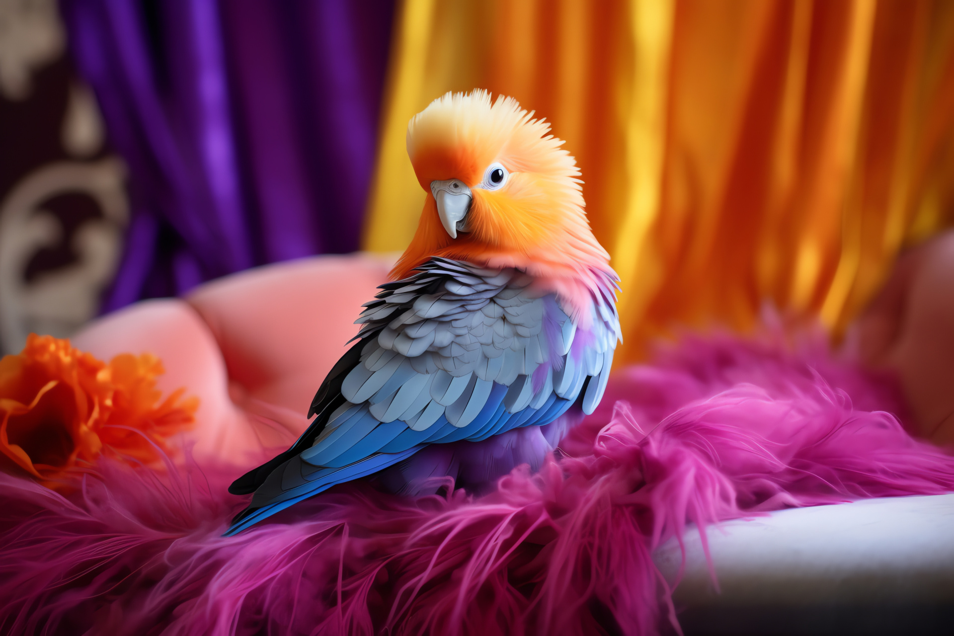 Parakeet, Pastel purple bird, Vibrant avian beak, Pink feather accents, Home interior setting, HD Desktop Wallpaper